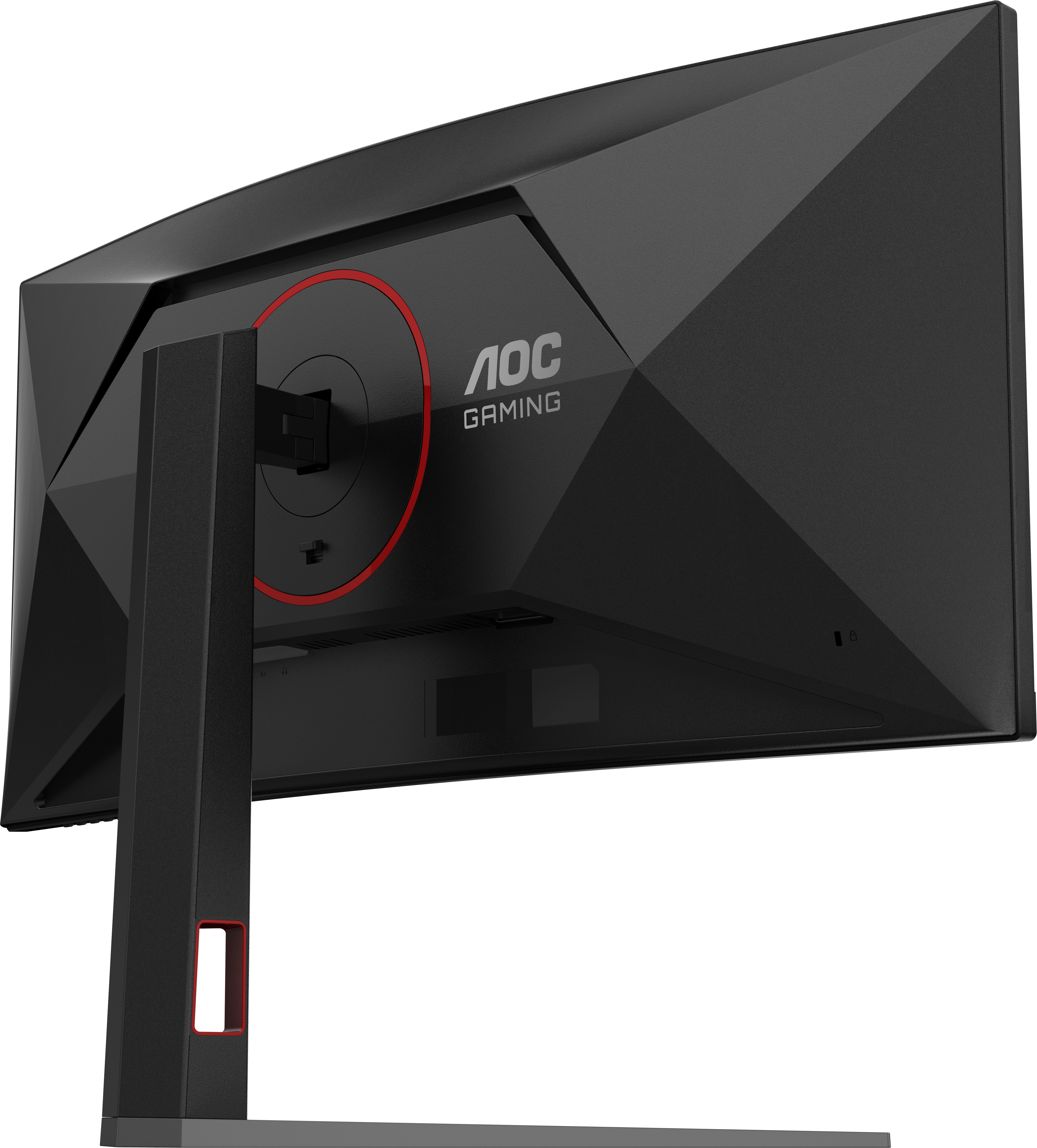 Vista posteriore di un monitor da gioco AOC nero. Ha un cerchio rosso attorno al supporto e un accento rosso sul supporto.