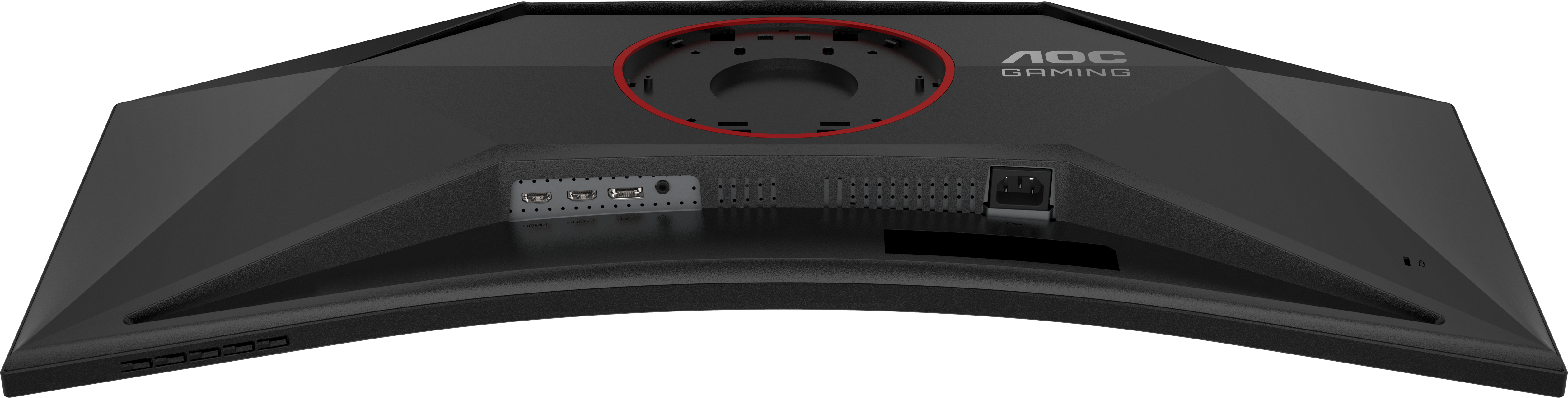 Retro di un monitor curvo nero. C'è un cerchio rosso. Porte HDMI, audio e alimentazione visibili.