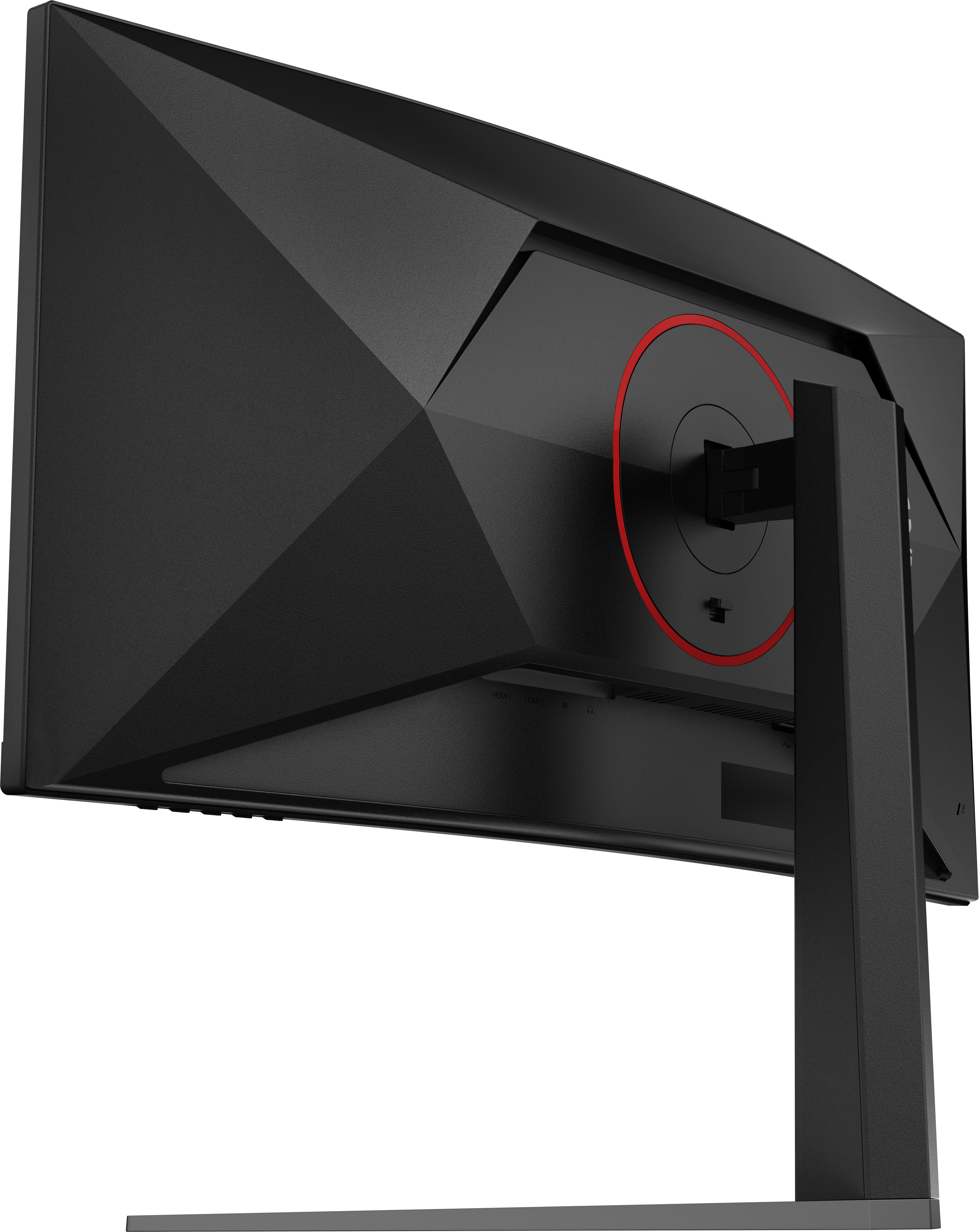 Retro di un monitor nero. Dettaglio cerchio rosso. Supporto e base visibili. Superficie strutturata.