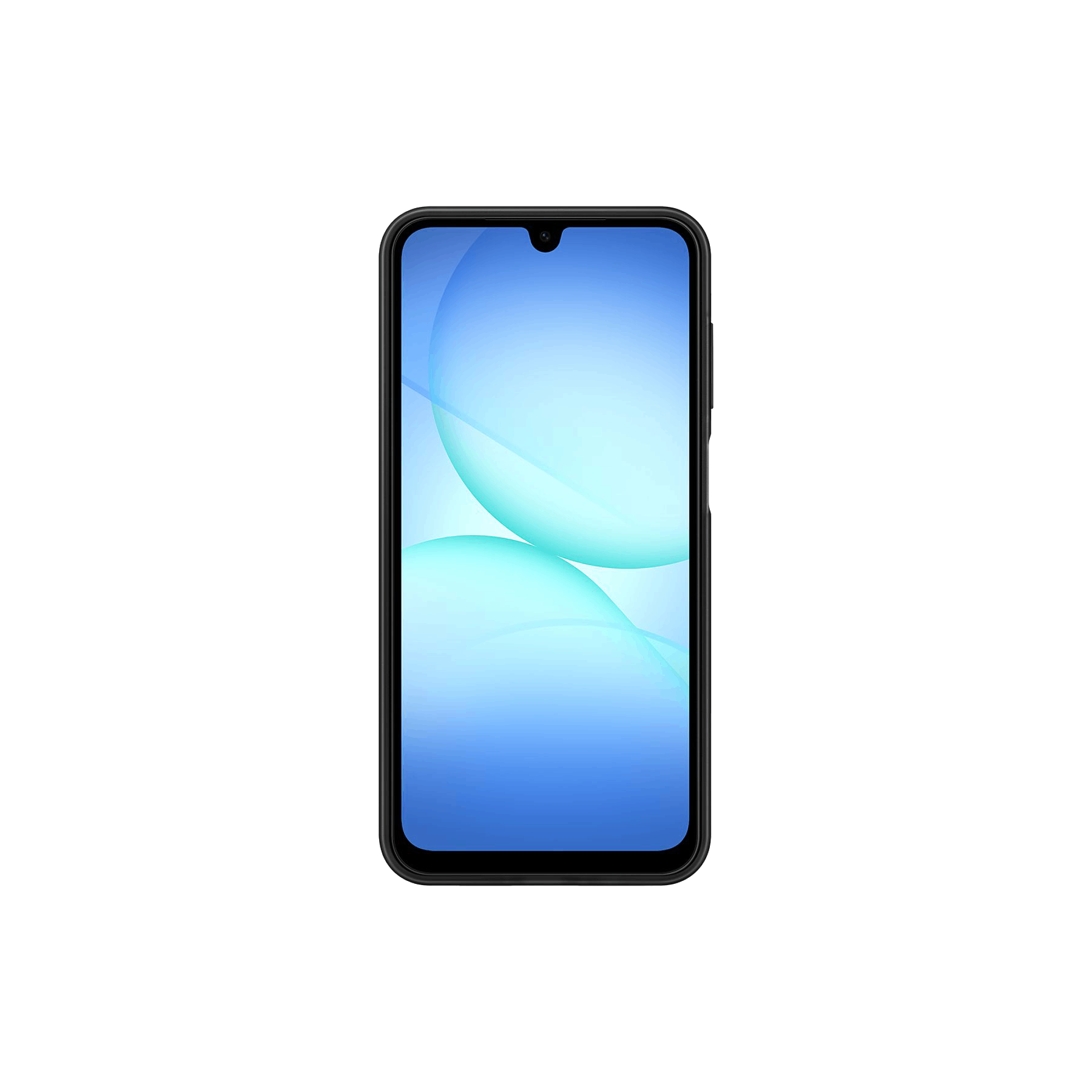 Smartphone con marco negro y fondo abstracto azul y blanco en la pantalla, aislado sobre negro.