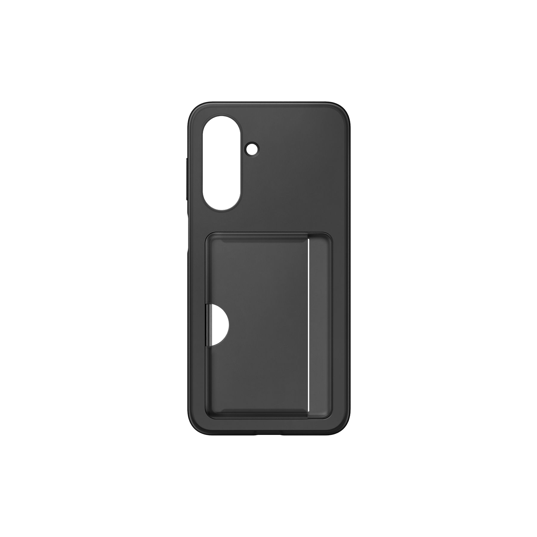 Funda negra para teléfono con recorte para cámara, ranura para tarjetas y un pequeño recorte para el borde de la tarjeta. El fondo es negro.