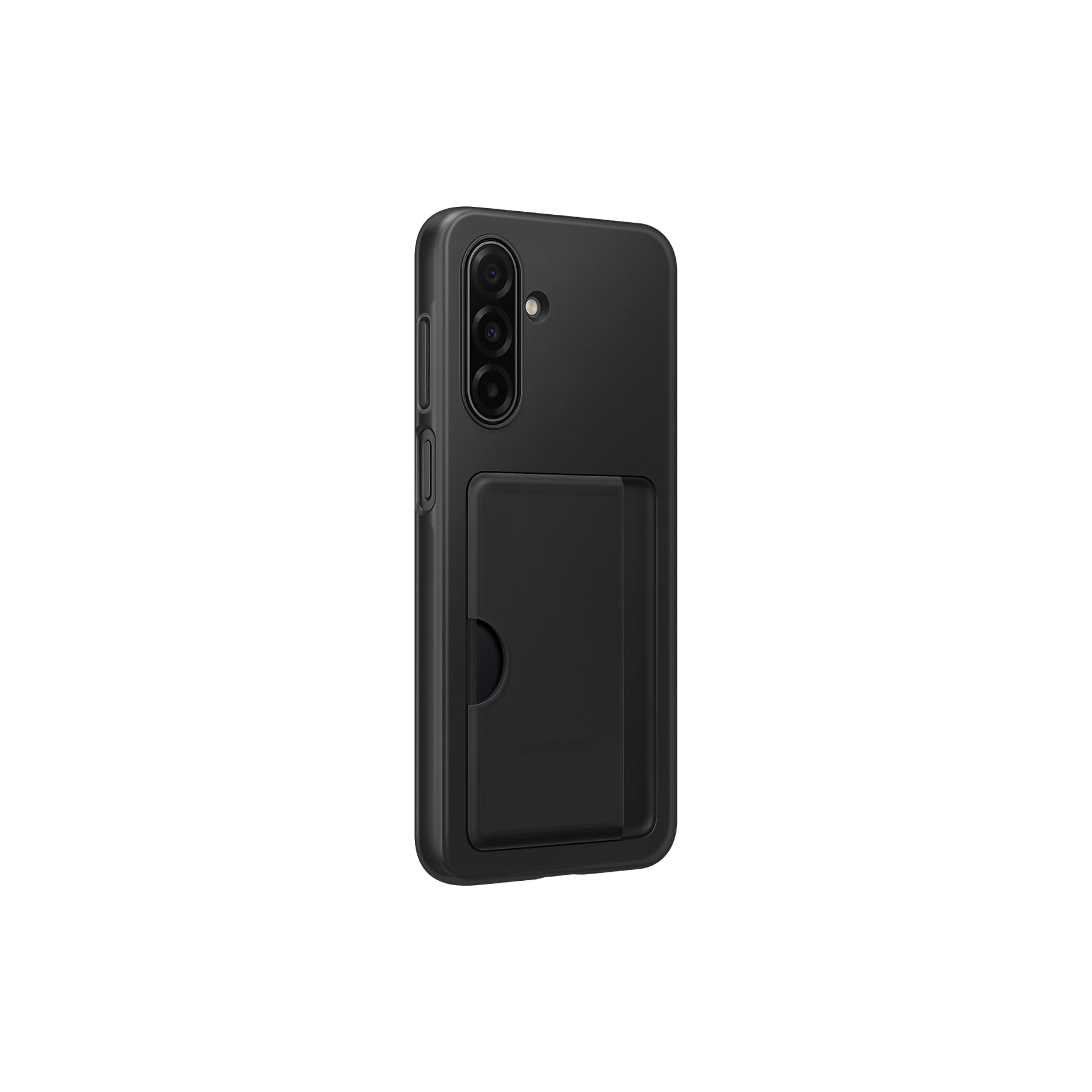 Funda de teléfono negra con tarjetero, el teléfono es visible. La funda tiene recortes para la cámara y fondo negro.