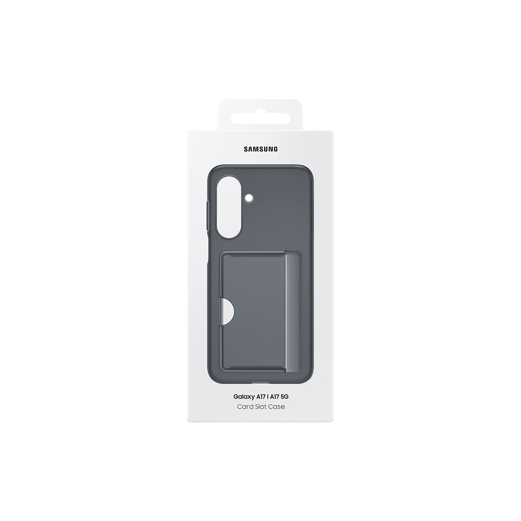 Una funda para teléfono en una caja blanca. La funda es gris con una ranura para tarjetas. La caja tiene el logotipo de Samsung e información del producto.