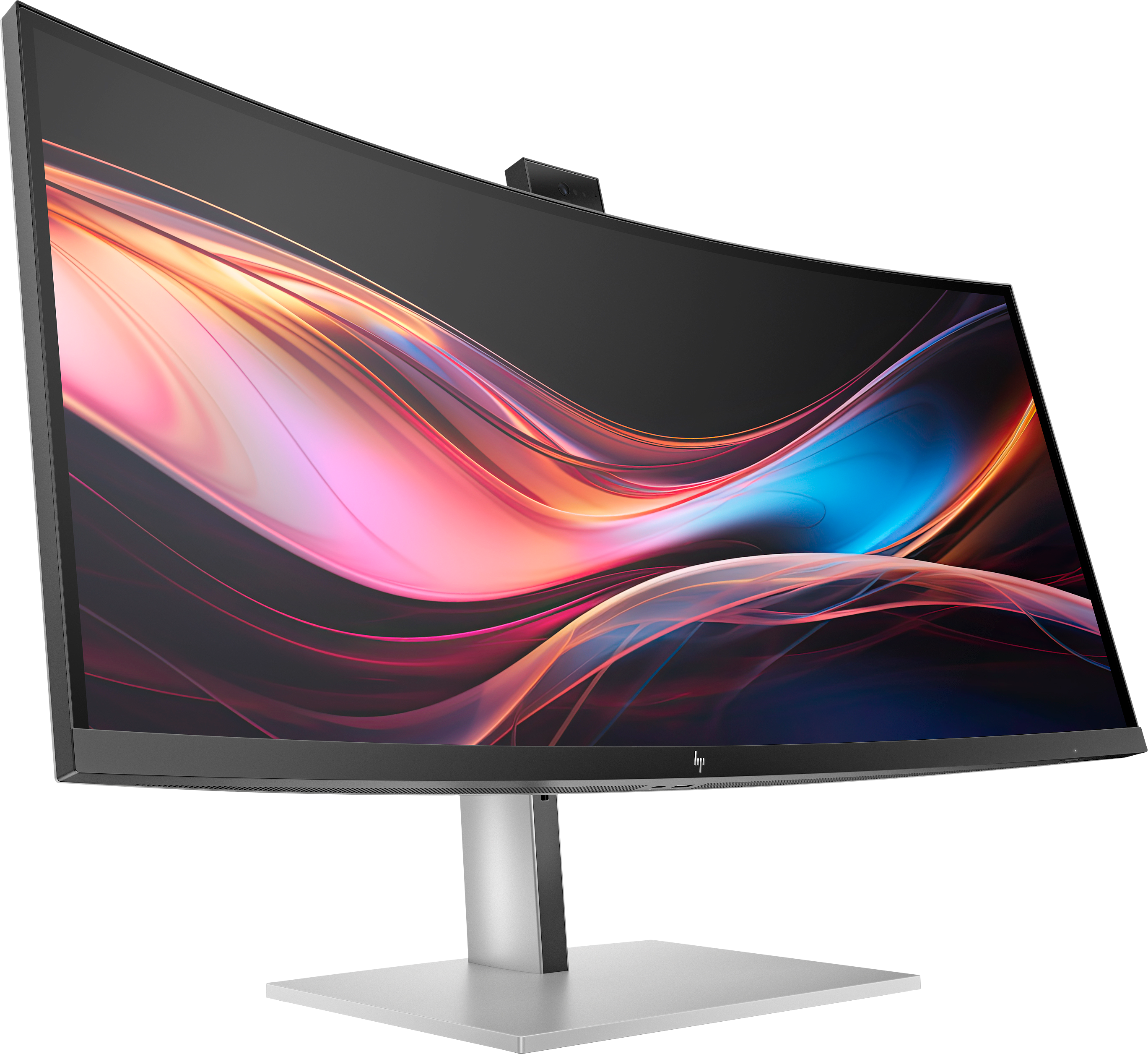 Monitor curvo per computer con display astratto colorato. Ha un supporto argentato e una webcam nera.