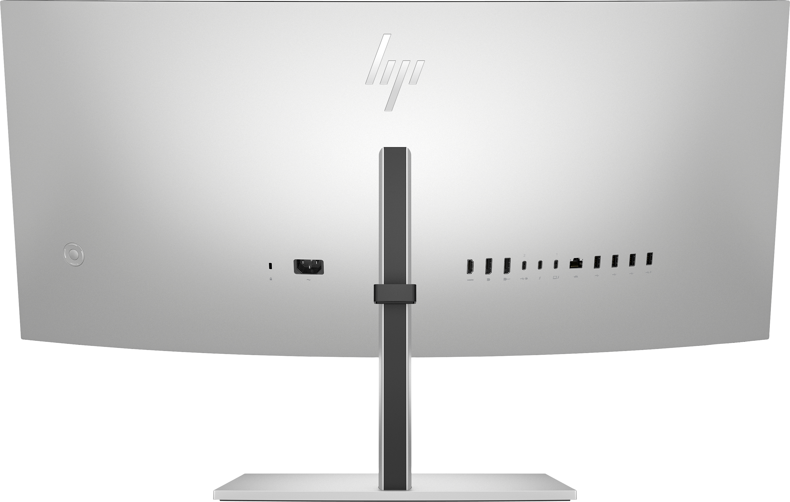 Retro di un monitor HP argentato. Caratteristiche: logo HP, porte e supporto. Il monitor è su sfondo nero.