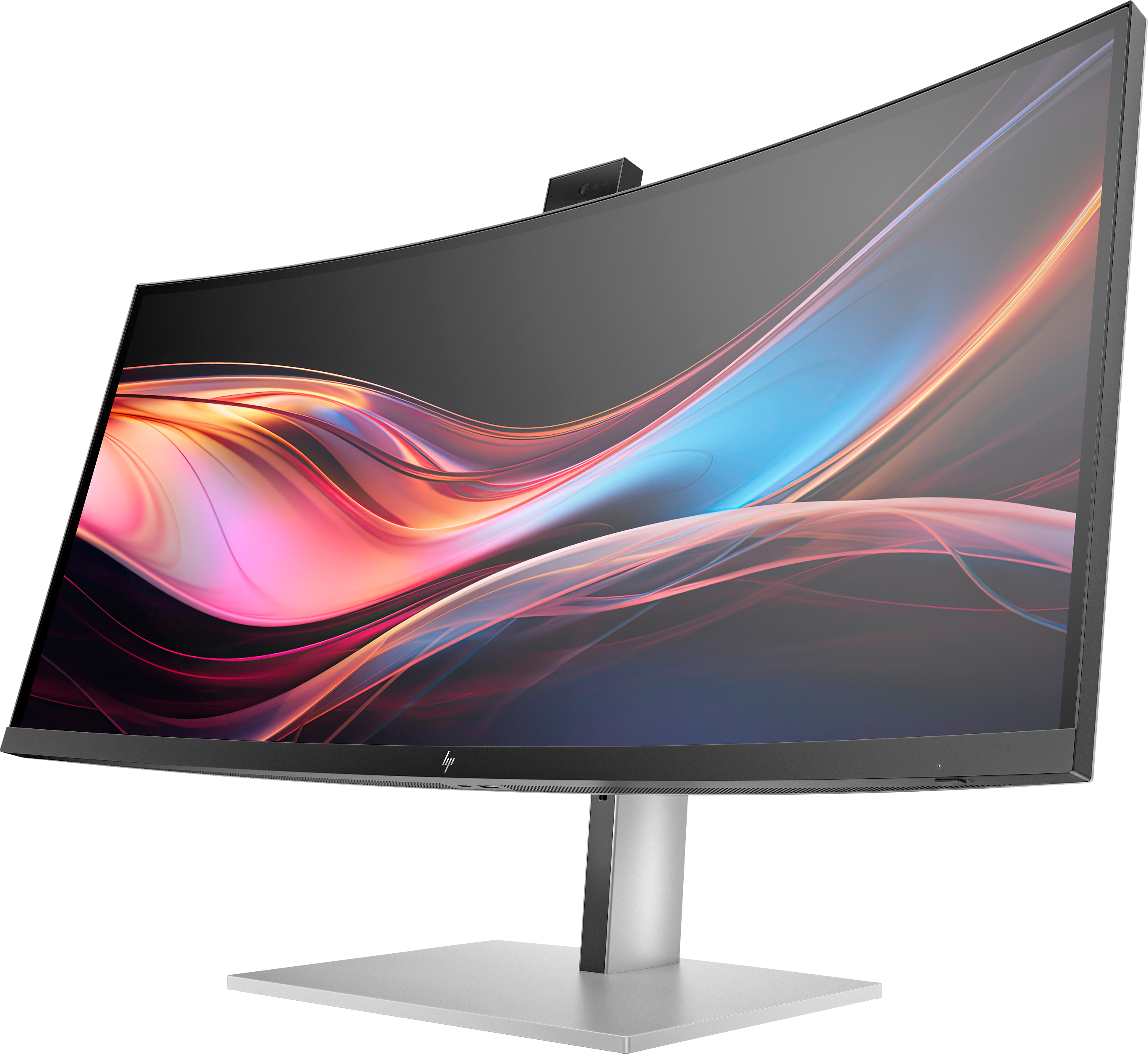 Monitor HP curvo con cornice nera e supporto argentato. Lo schermo mostra arte astratta colorata. Una webcam è in alto.
