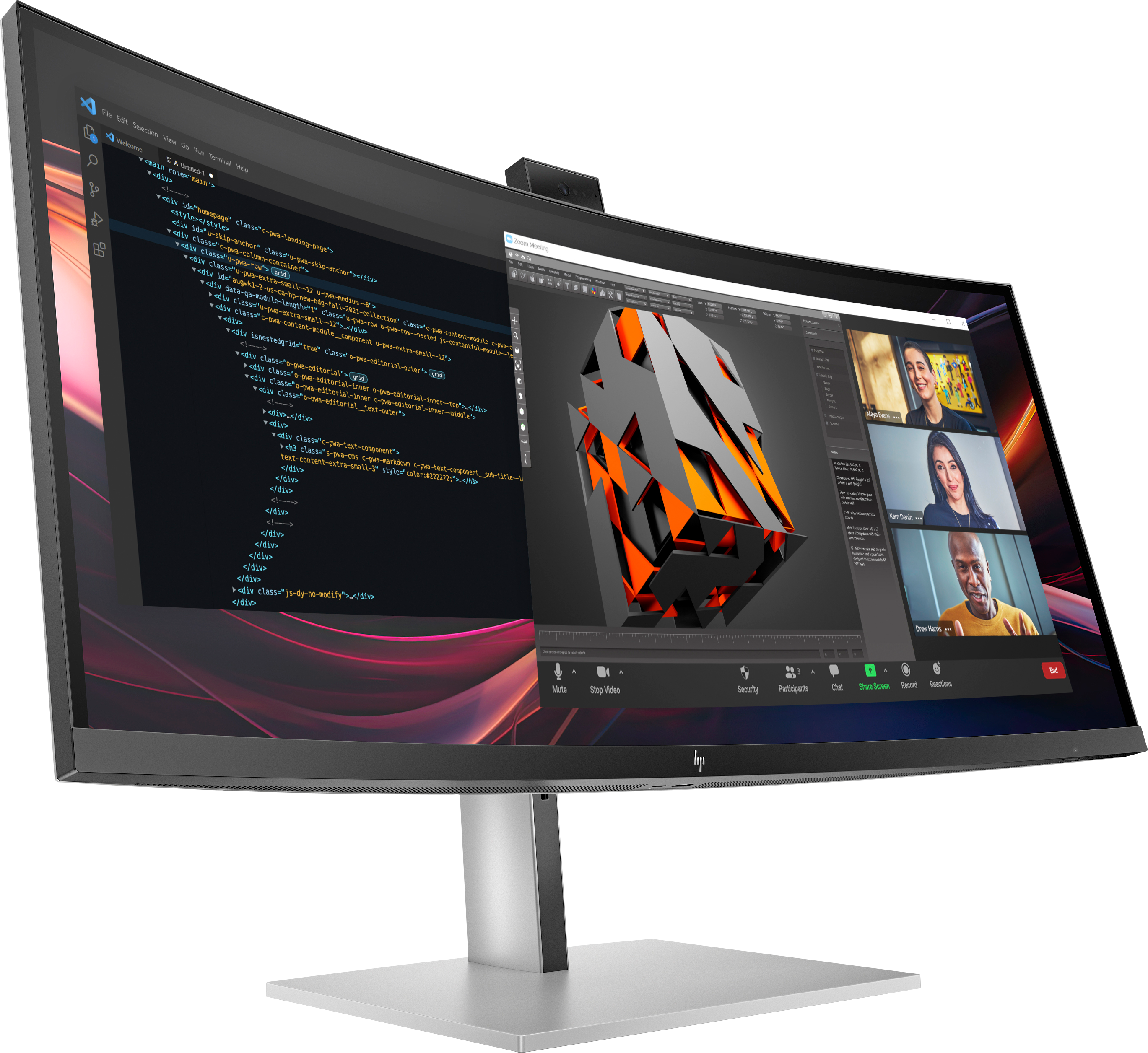 Il monitor curvo mostra codice, modello 3D e una chiamata Zoom con tre persone. Logo HP visibile.