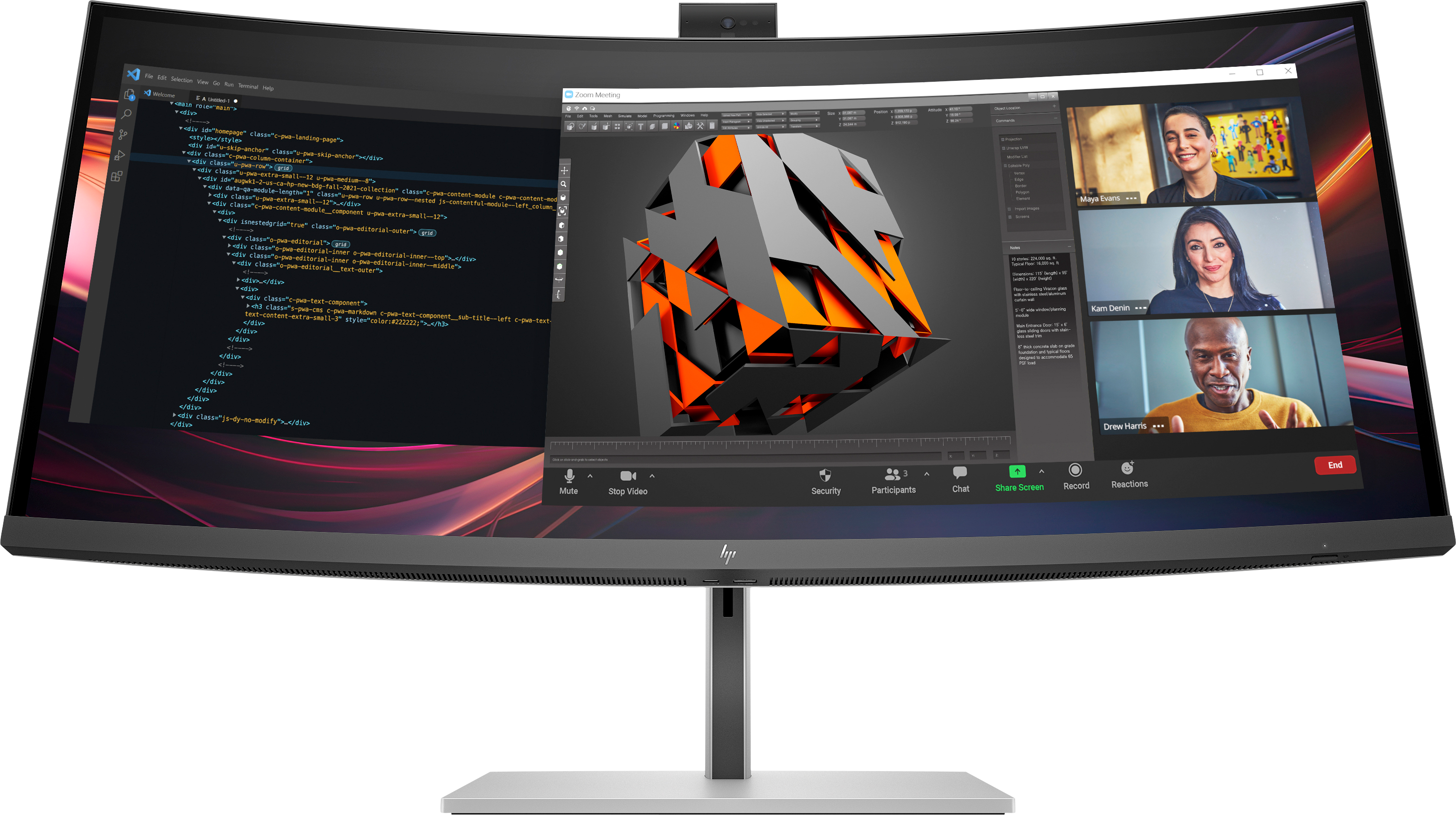 Monitor curvo mostra codice, modello 3D e riunione Zoom con tre partecipanti.