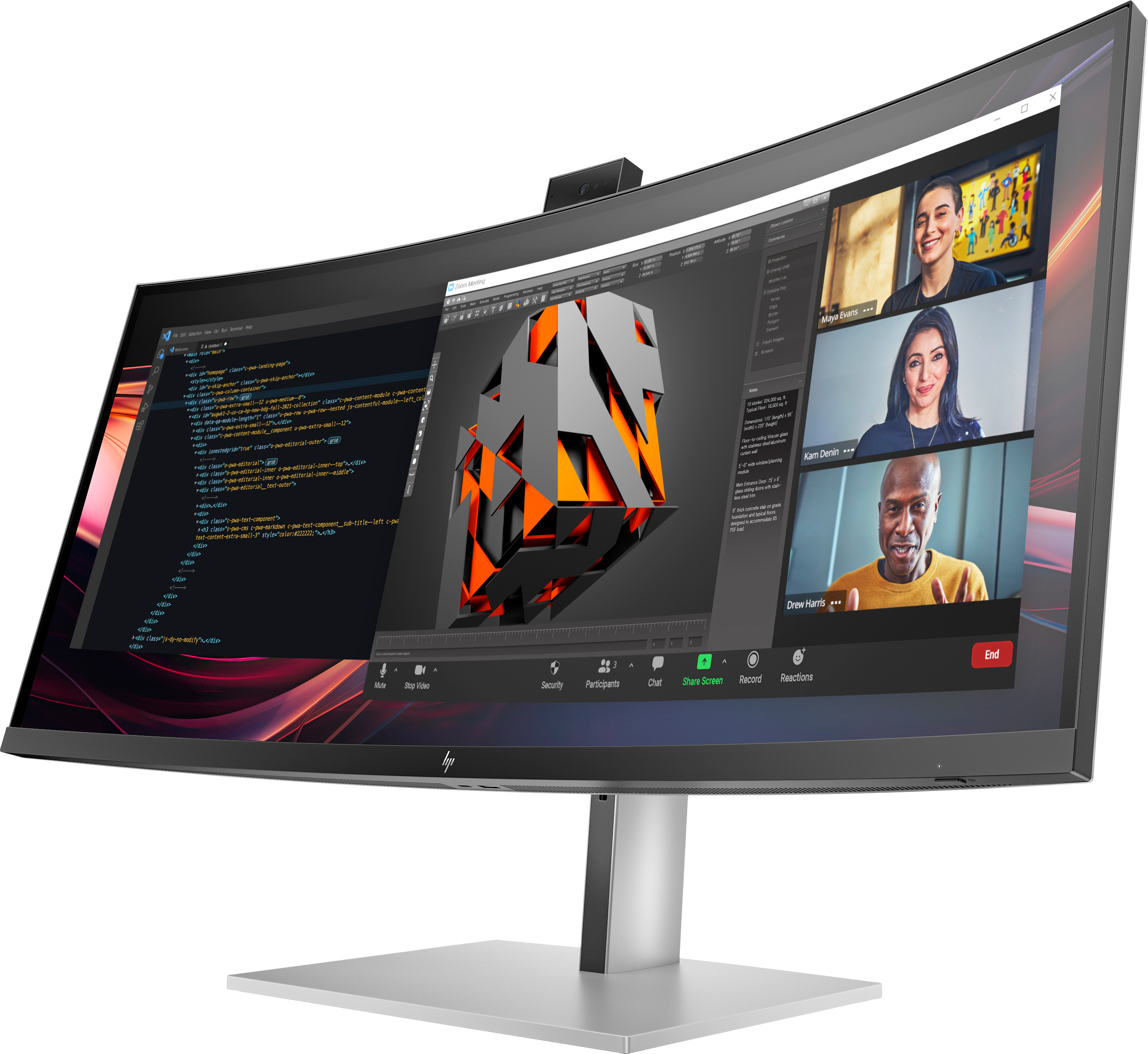 Monitor curvo mostra una videochiamata con tre partecipanti, codice e un modello 3D.