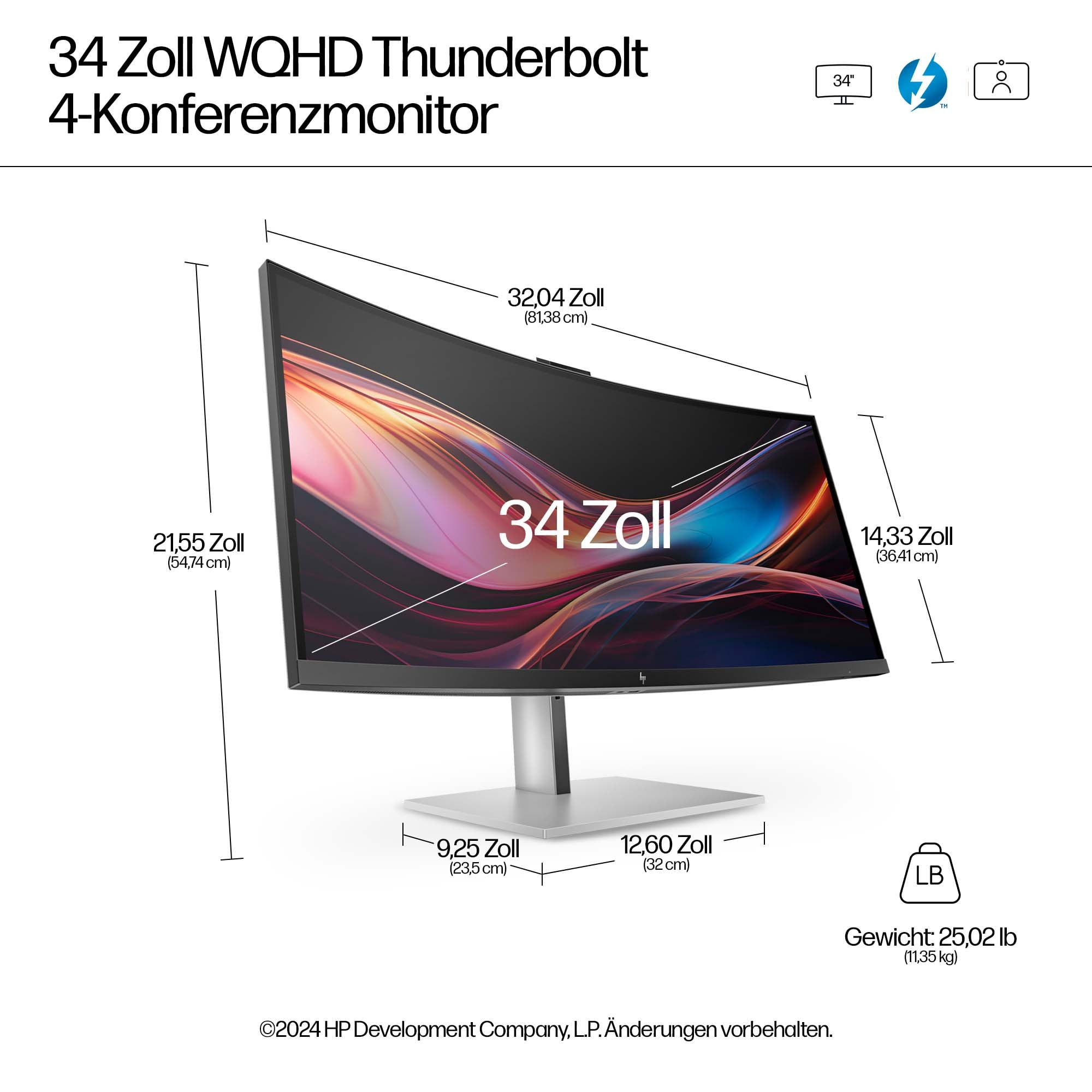 Un monitor curvo da 34 pollici con dimensioni. Ha un supporto e mostra il logo HP. Il testo mostra peso e dimensioni.
