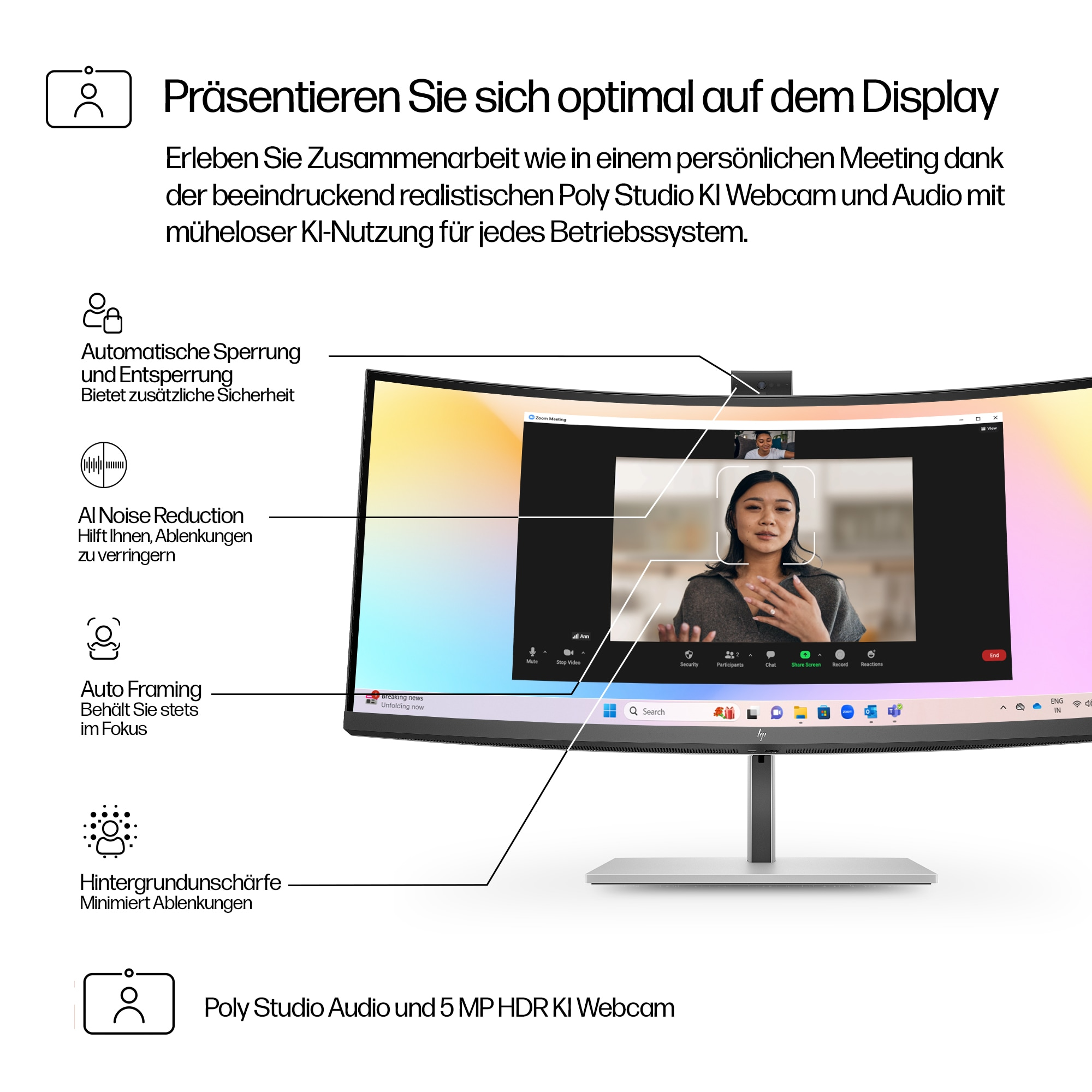 Un monitor curvo mostra una videochiamata con una donna. Le funzionalità includono la riduzione del rumore AI e l'inquadratura automatica.