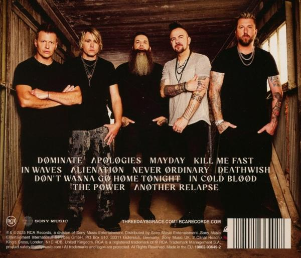 Fünf Männer stehen vor einem Holzgrund, eine Band. Text listet Songtitel und den Bandnamen Three Days Grace.
