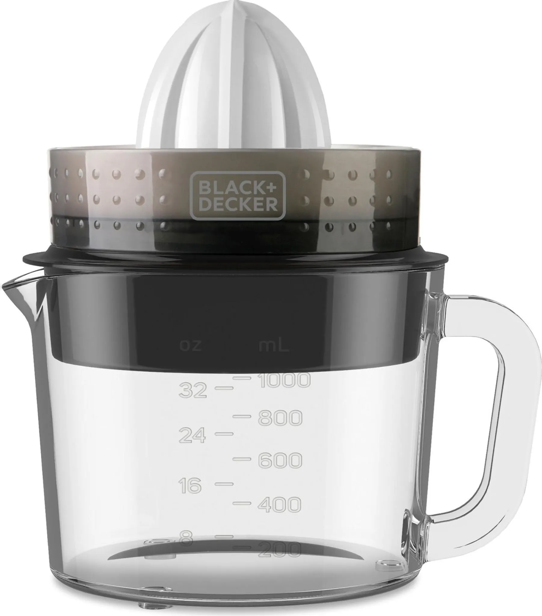 Biała i szara wyciskarka do cytrusów BLACK+DECKER. Ma biały reamer, szare sitko i przezroczysty dzbanek z miarką.