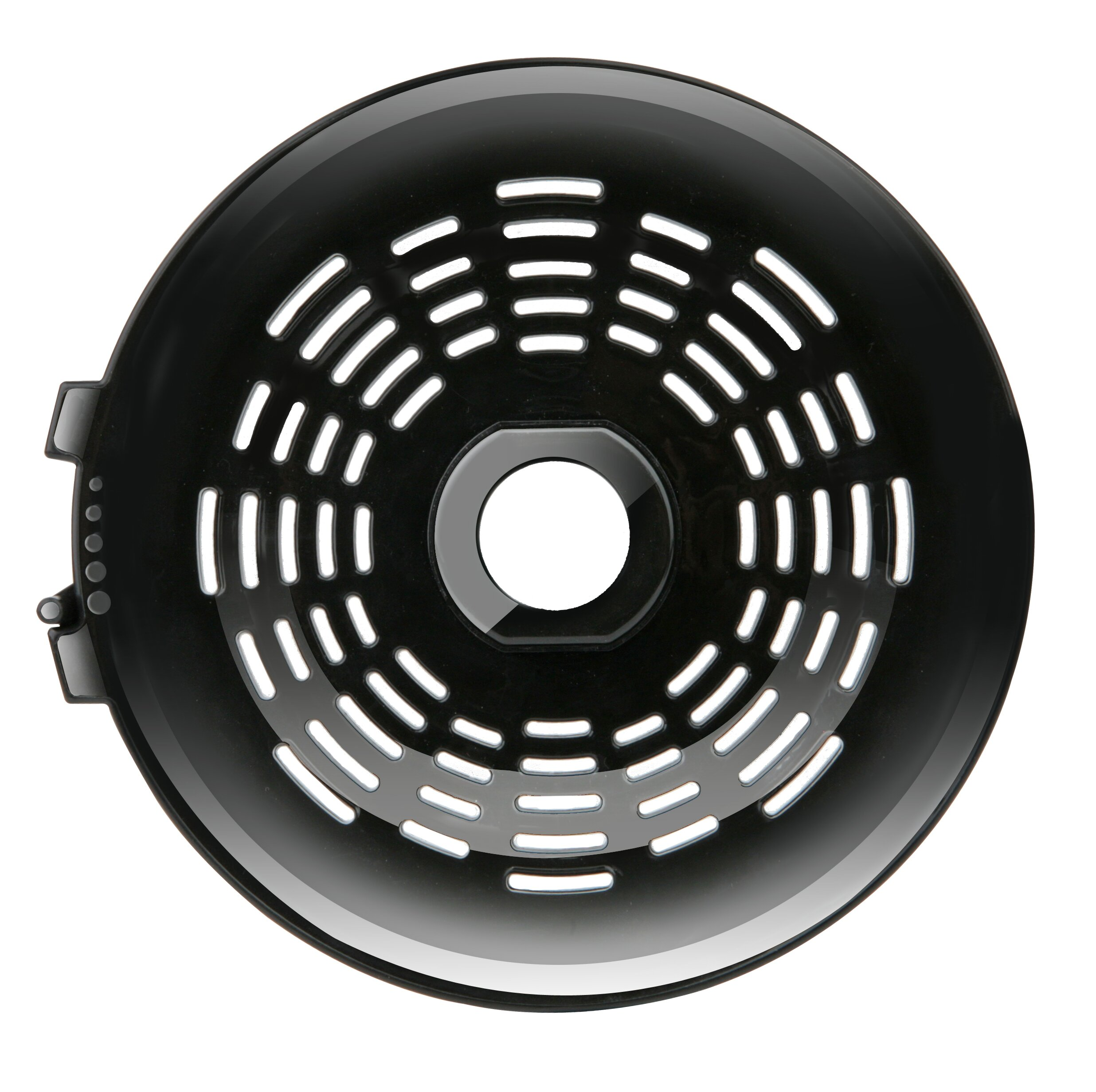 Czarny, okrągły element frytkownicy powietrznej z białymi otworami wentylacyjnymi, centralnym otworem i boczną zakładką.