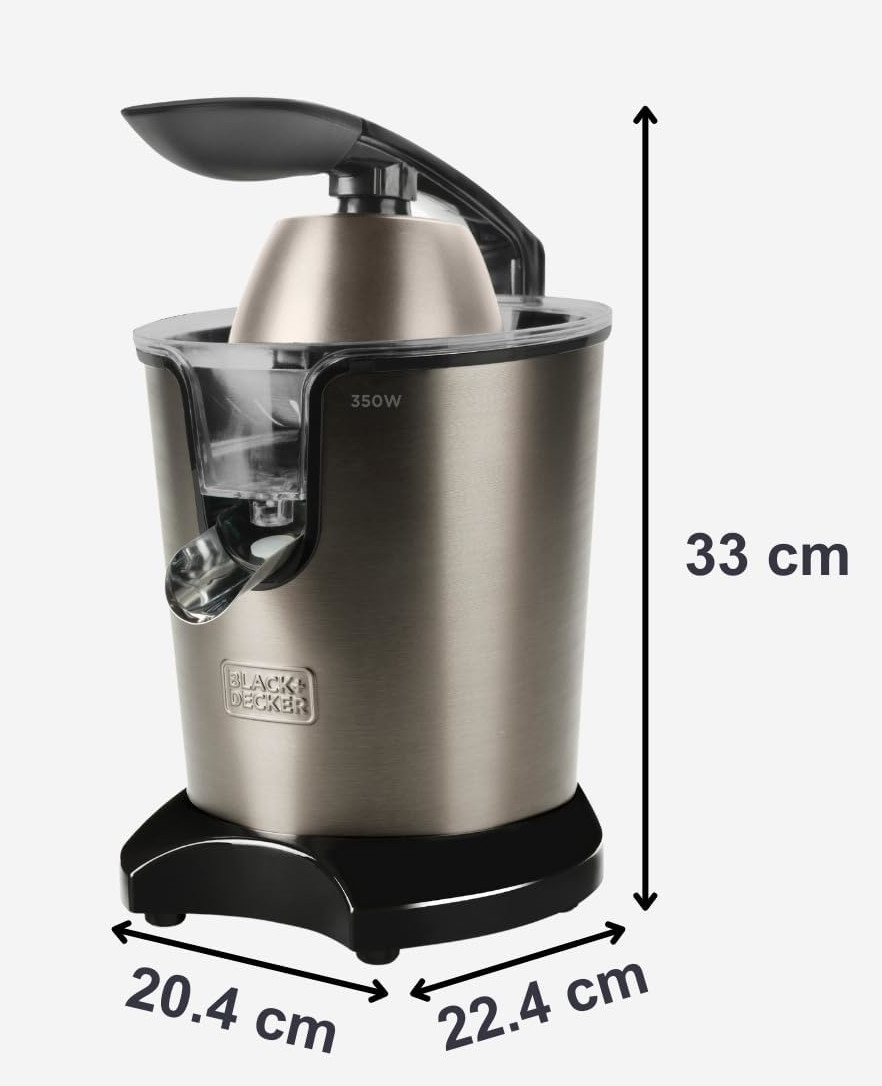 Srebrna i czarna wyciskarka do cytrusów Black+Decker. Wymiary: 33 cm wysokości, 20,4 cm szerokości i 22,4 cm głębokości. Czarna dźwignia u góry.