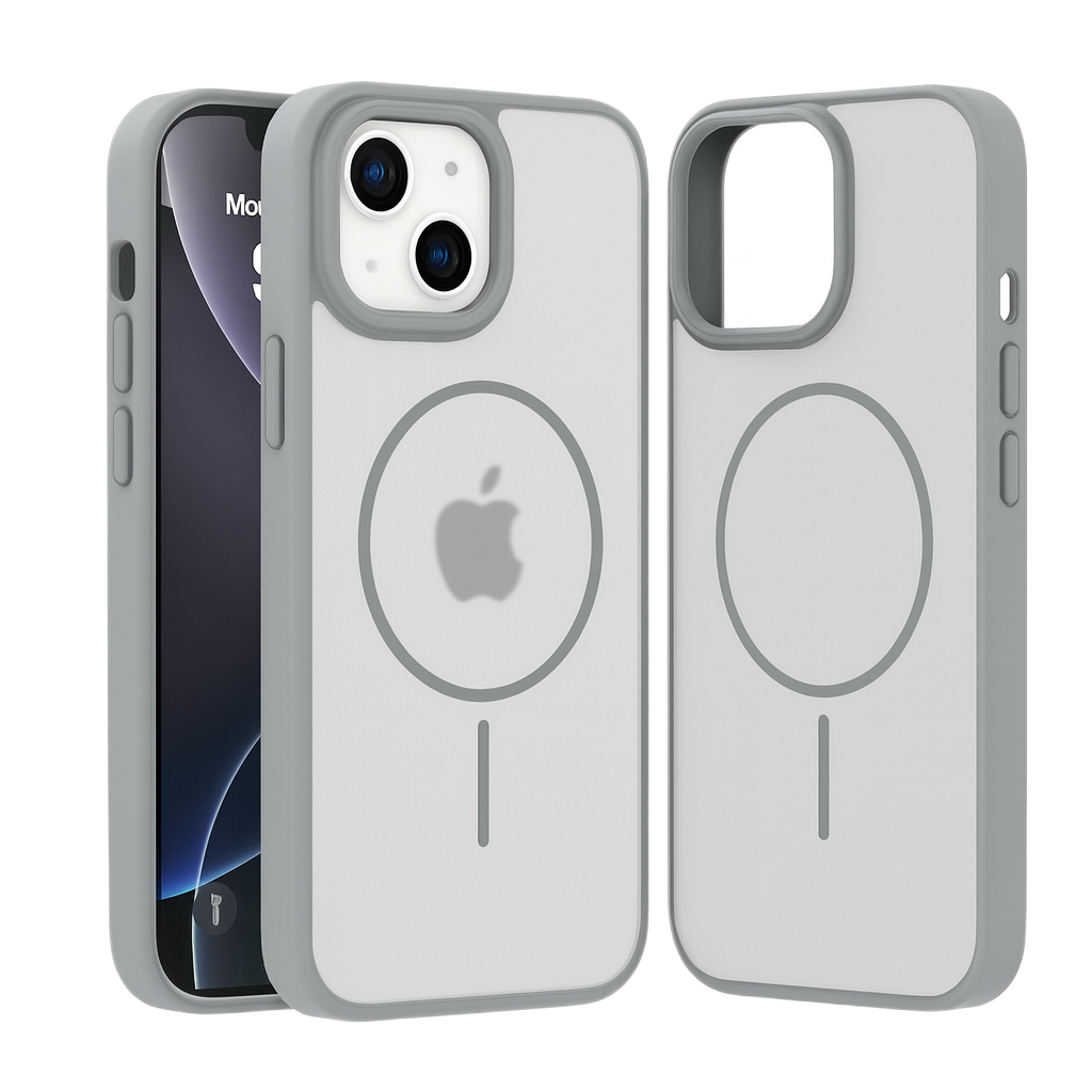 Üç iPhone kılıfı: biri telefonlu, ikisi boş. Gri kılıflar beyaz sırtlı, Apple logolu ve kamera oyuklu. Siyah telefon ekranı.