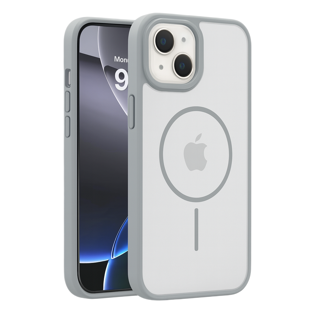 Beyaz arka yüzü, Apple logosu ve dairesel tasarımı olan gri bir iPhone 14 kılıfı. Telefon, ekranını göstererek kılıfın yanında duruyor.