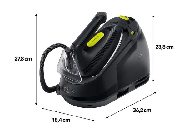 Czarne żelazko parowe z żółtymi akcentami, wymiary 18,4 x 36,2 x 27,8 cm. Żelazko ma uchwyt, wąż parowy i podstawę.