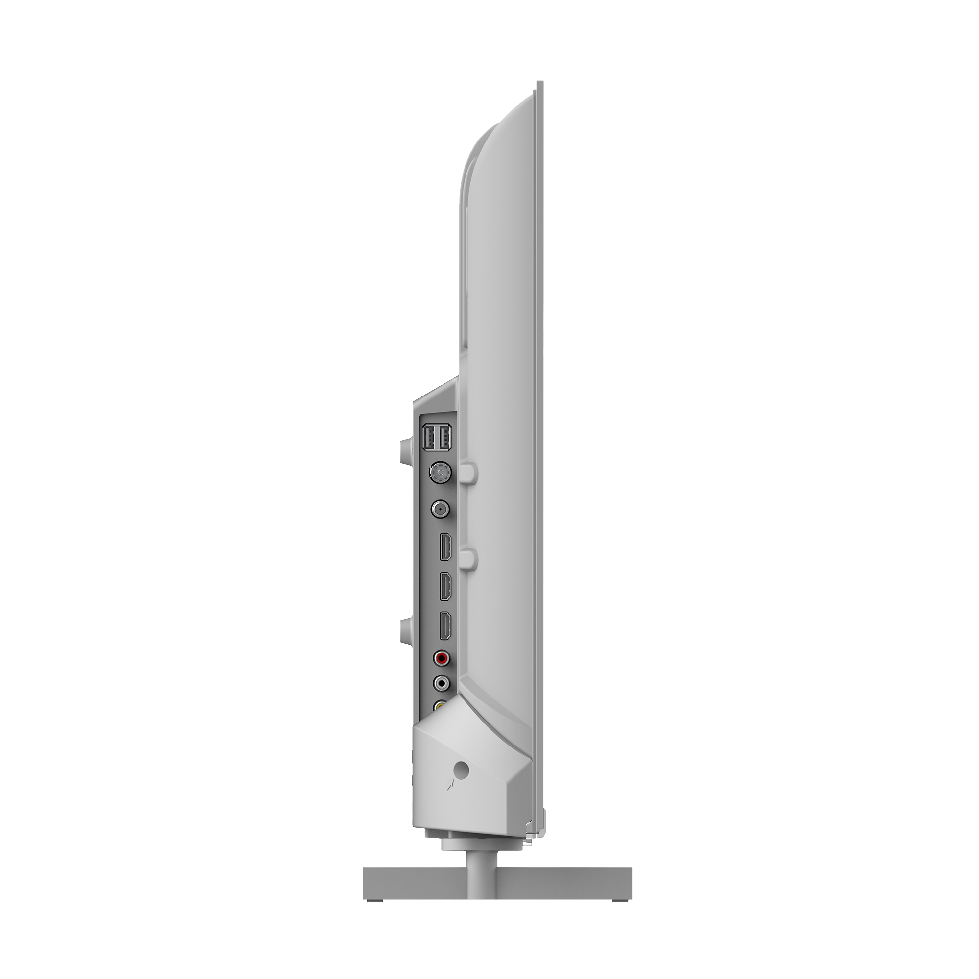 Açık gri bir TV'nin yan görünümü. Görünür bağlantı noktaları arasında USB, HDMI ve ses girişleri bulunur. TV bir stand üzerinde.