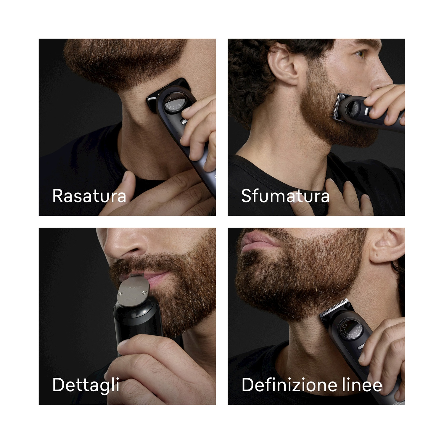Un uomo si rade la barba con un trimmer nero. Quattro diverse riprese ravvicinate mostrano il processo, ognuna con un'area di messa a fuoco diversa.