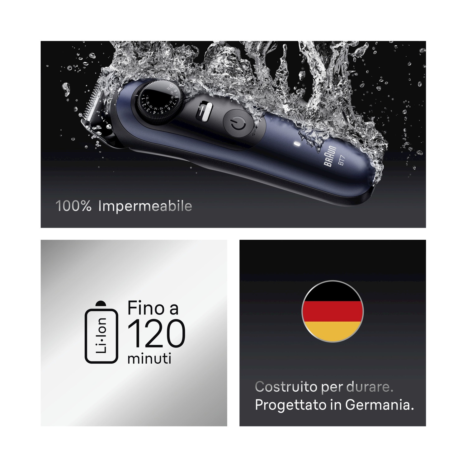 Un trimmer Braun BT7 in acqua, con testo '100% Impermeabile'. Altre immagini mostrano durata batteria e bandiera tedesca.
