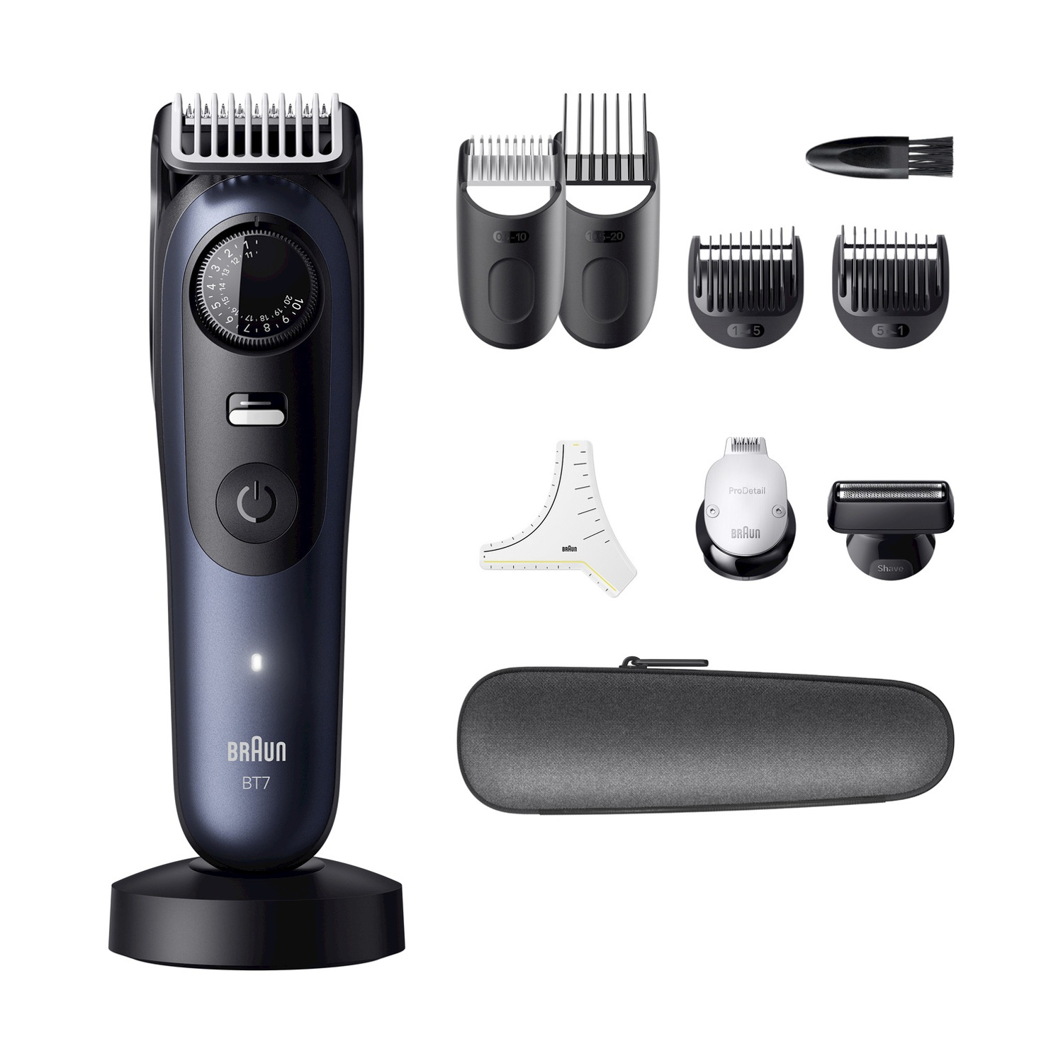 Un set di regolabarba Braun BT7 su sfondo bianco. Include il regolabarba, gli accessori, una spazzola, una custodia e un supporto.