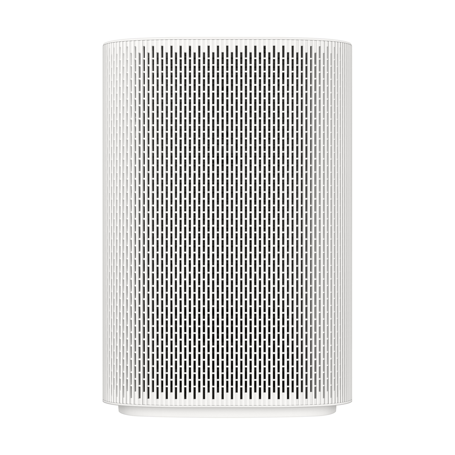 Un purificatore d'aria bianco con un design cilindrico. Ha fessure verticali e un filtro interno verde. La base è bianca.