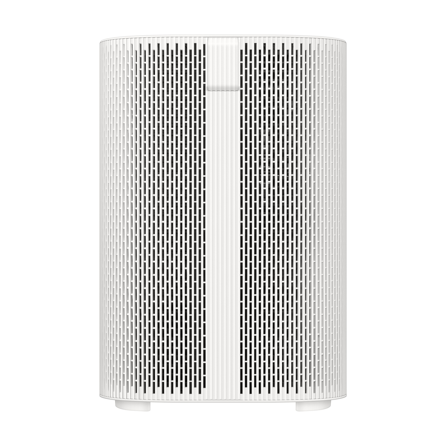 Un purificatore d'aria bianco, cilindrico, con un design a strisce verticali. Ha un filtro verde e piccoli piedini.