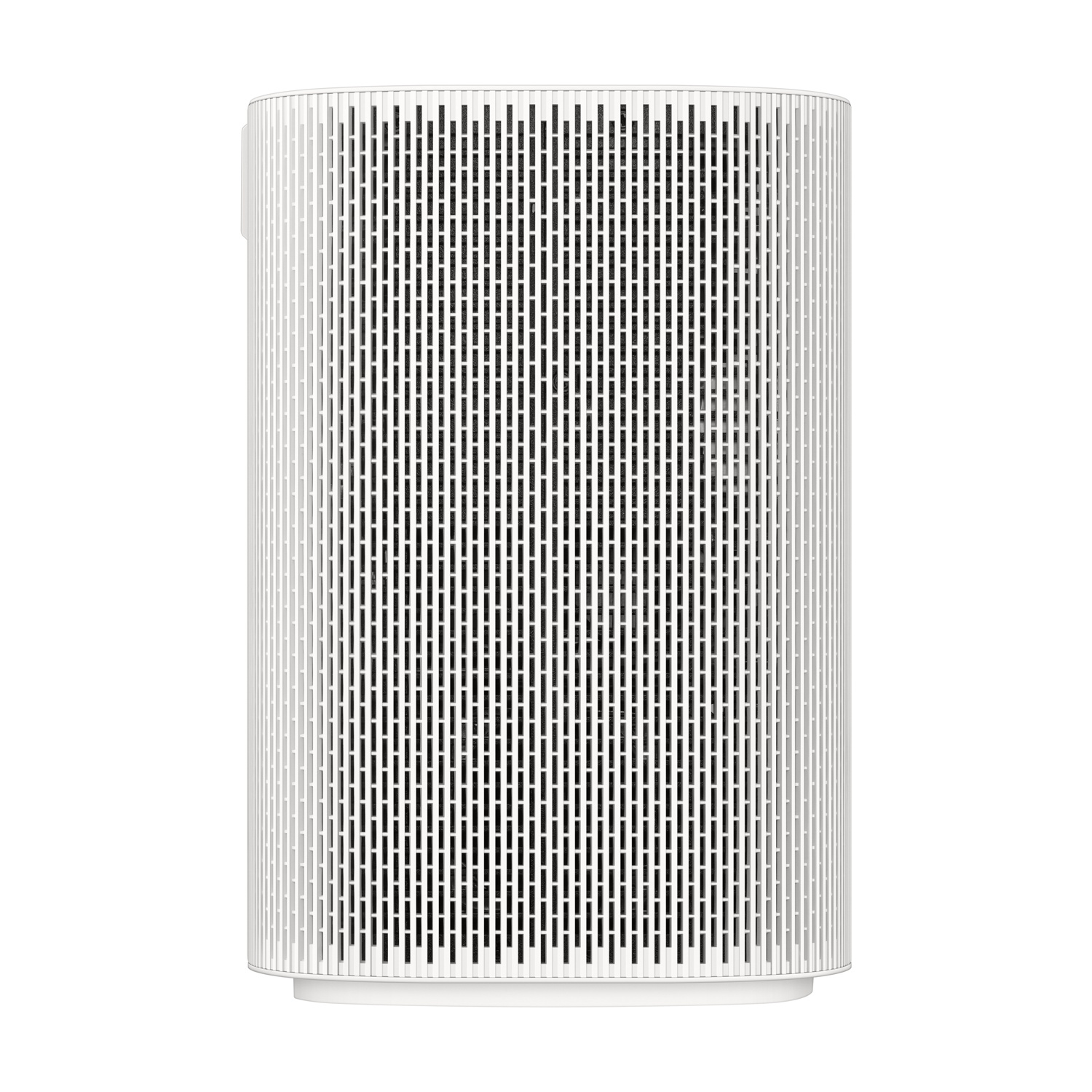Un purificatore d'aria cilindrico bianco. Ha un frontale a griglia e una parte superiore arrotondata. Lo sfondo è bianco.