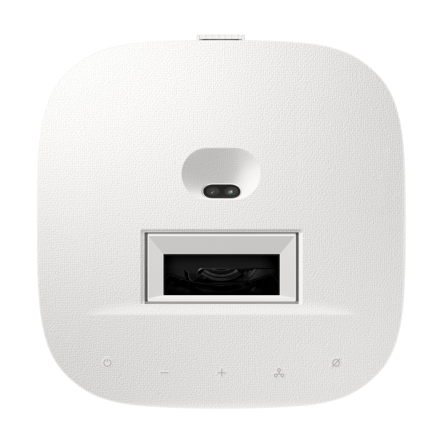 Un dispositivo bianco con superficie strutturata, bordi arrotondati e un display rettangolare. Ha una fotocamera e pulsanti.