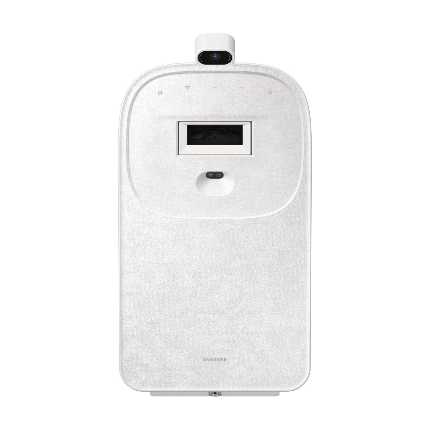 Un dispositivo Samsung bianco con fotocamera, altoparlante e schermo. Ha superficie testurizzata, angoli arrotondati e fotocamera in alto.