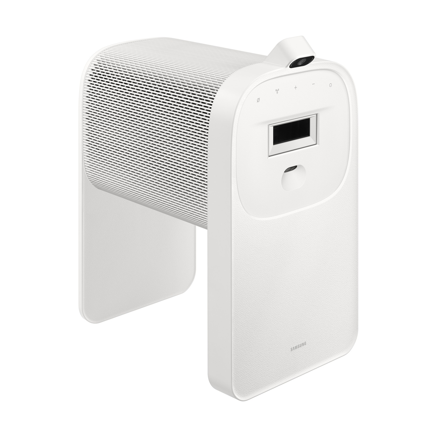 Un dispositivo bianco e moderno con un corpo cilindrico perforato e un pannello frontale curvo con schermo e pulsanti. Il logo Samsung è visibile.