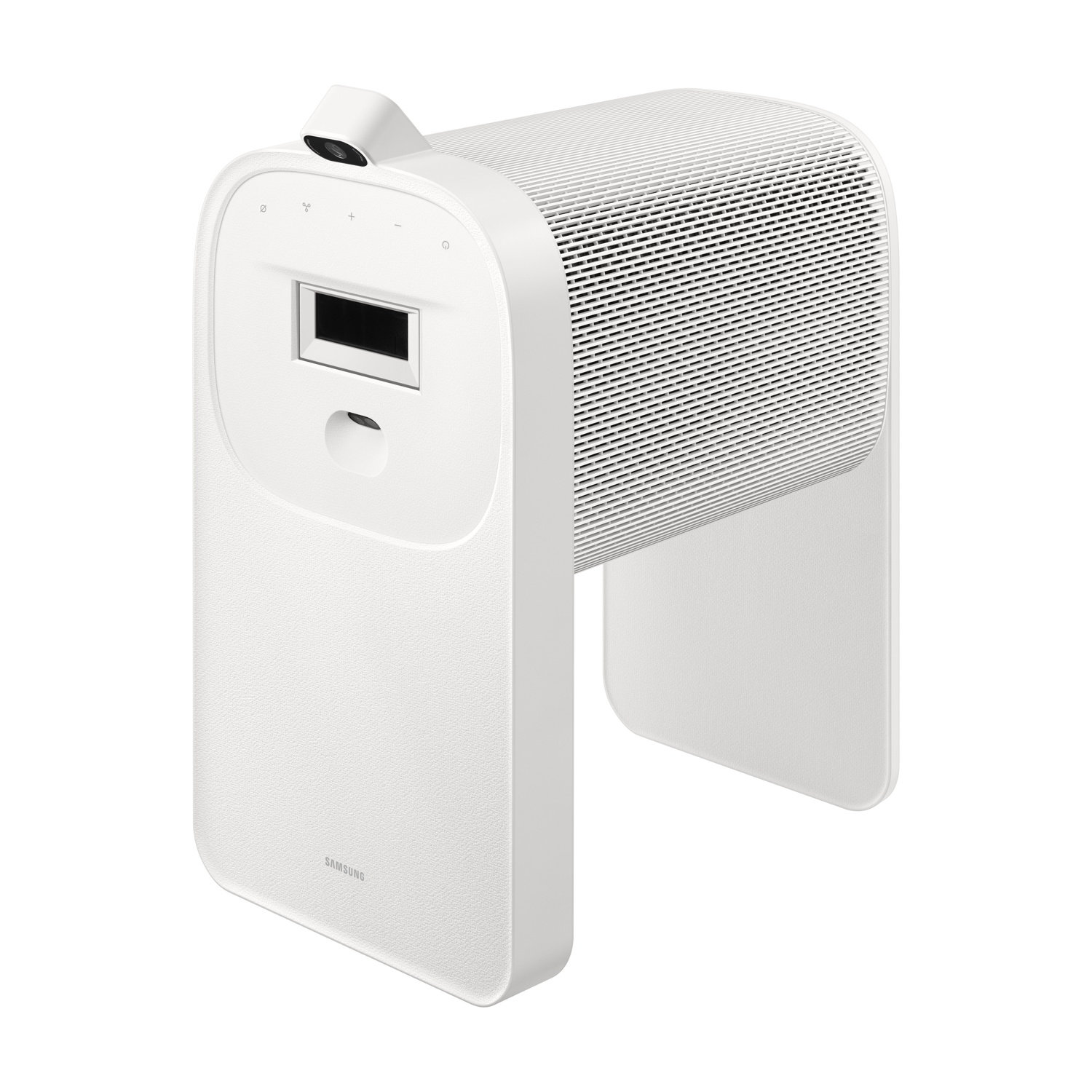 Dispositivo bianco e moderno con fotocamera, display e ventilazione. Design minimalista con logo Samsung.