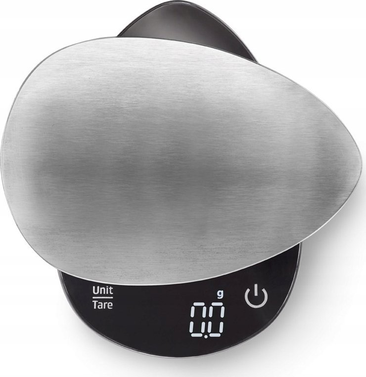 Cyfrowa waga kuchenna, ze srebrną powierzchnią i czarną podstawą. Wyświetla '0.0'. Widoczny jest przycisk zasilania.