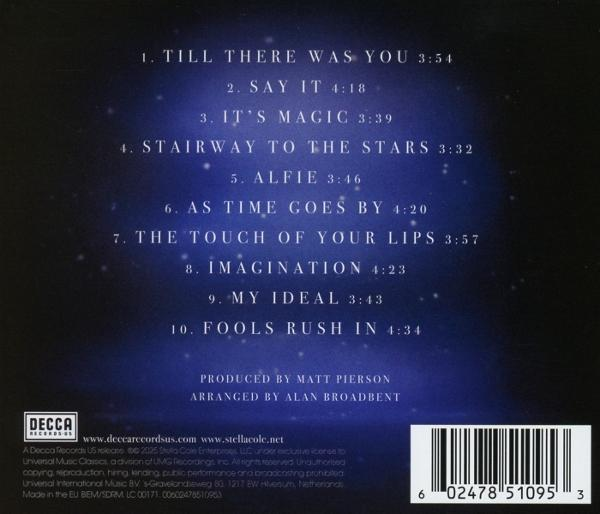 Rückseite des Albums mit Titelliste, Credits, Logo des Plattenlabels und Barcode, vor dunklem, blauem, sternenbesetztem Hintergrund.