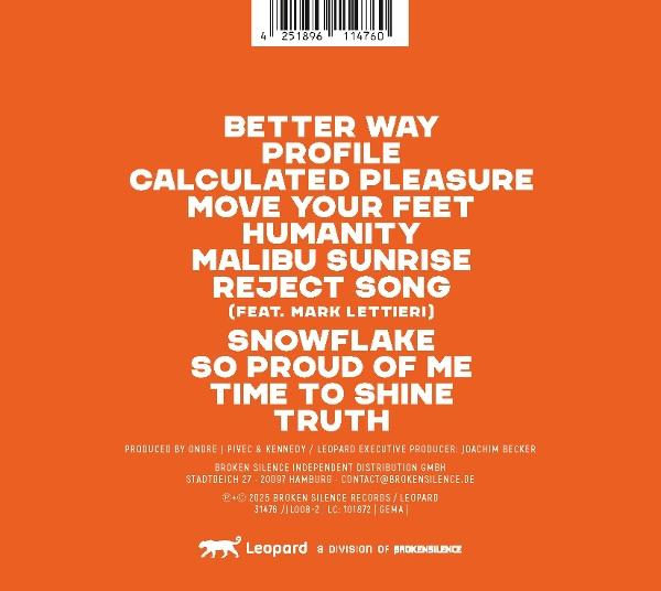 Oranger Hintergrund mit weißem Text. Listet Songtitel wie 'Better Way' und 'Malibu Sunrise'. Enthält Angaben zum Label und zur Produktion.