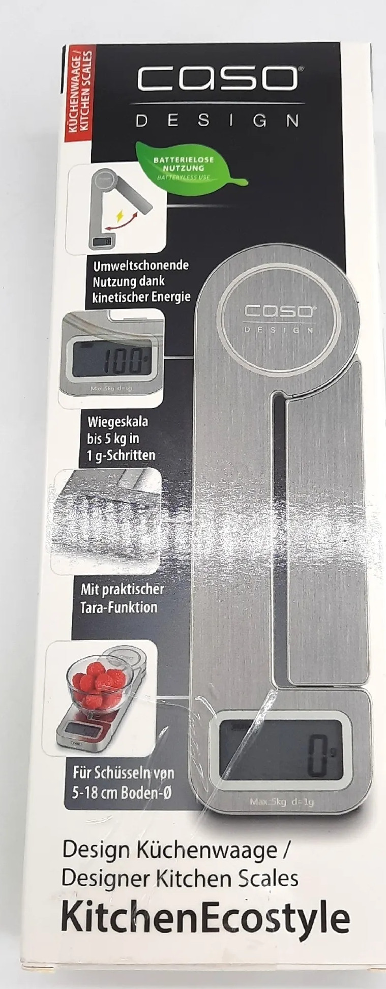 Pudełko wagi kuchennej pokazuje produkt. Ma ilustrację wagi i tekst o funkcjach, takich jak bezbateryjne użytkowanie i waga.