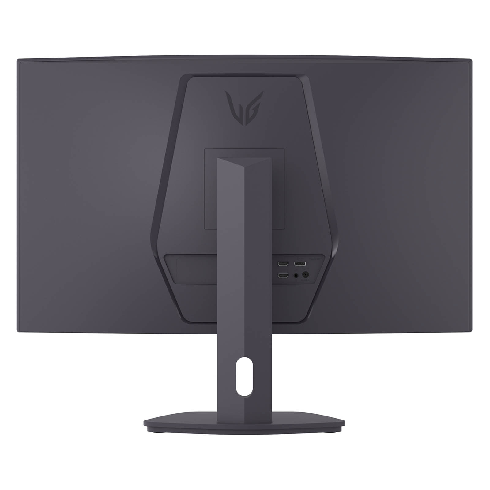Tył ciemnoszarego monitora komputerowego. Ma podstawę, logo i porty.