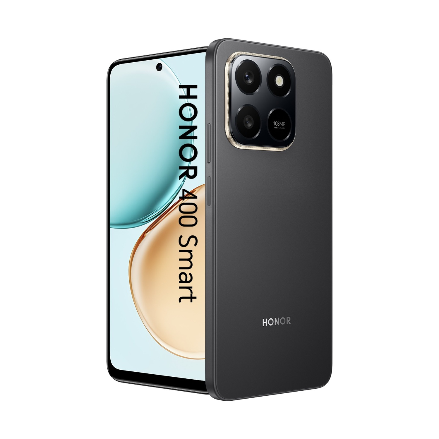 Uno smartphone HONOR 400 Smart nero è in mostra, mostrando il suo schermo con uno sfondo sfumato e un modulo fotocamera.