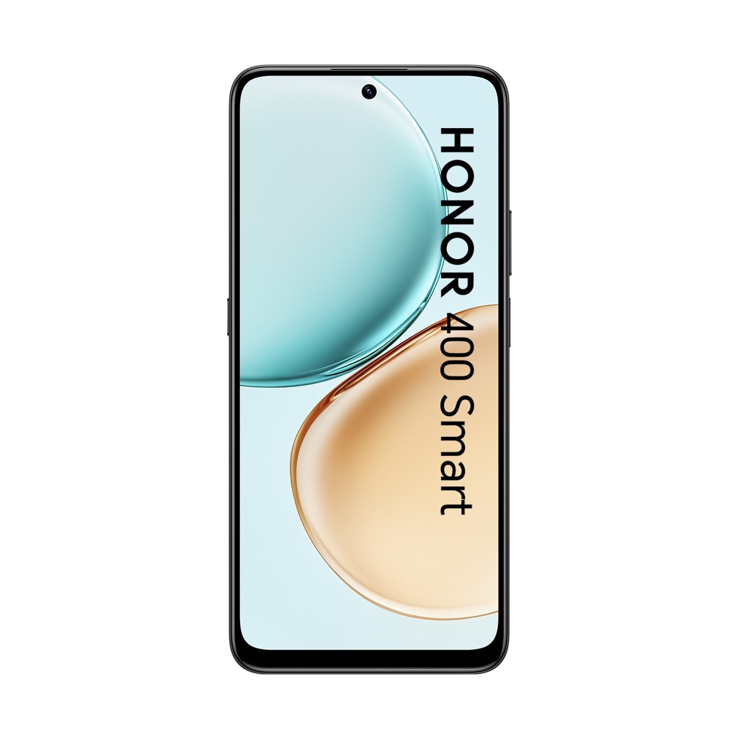 Uno smartphone con cornice nera mostra il logo HONOR 400 Smart. Lo schermo mostra un design astratto turchese e oro.