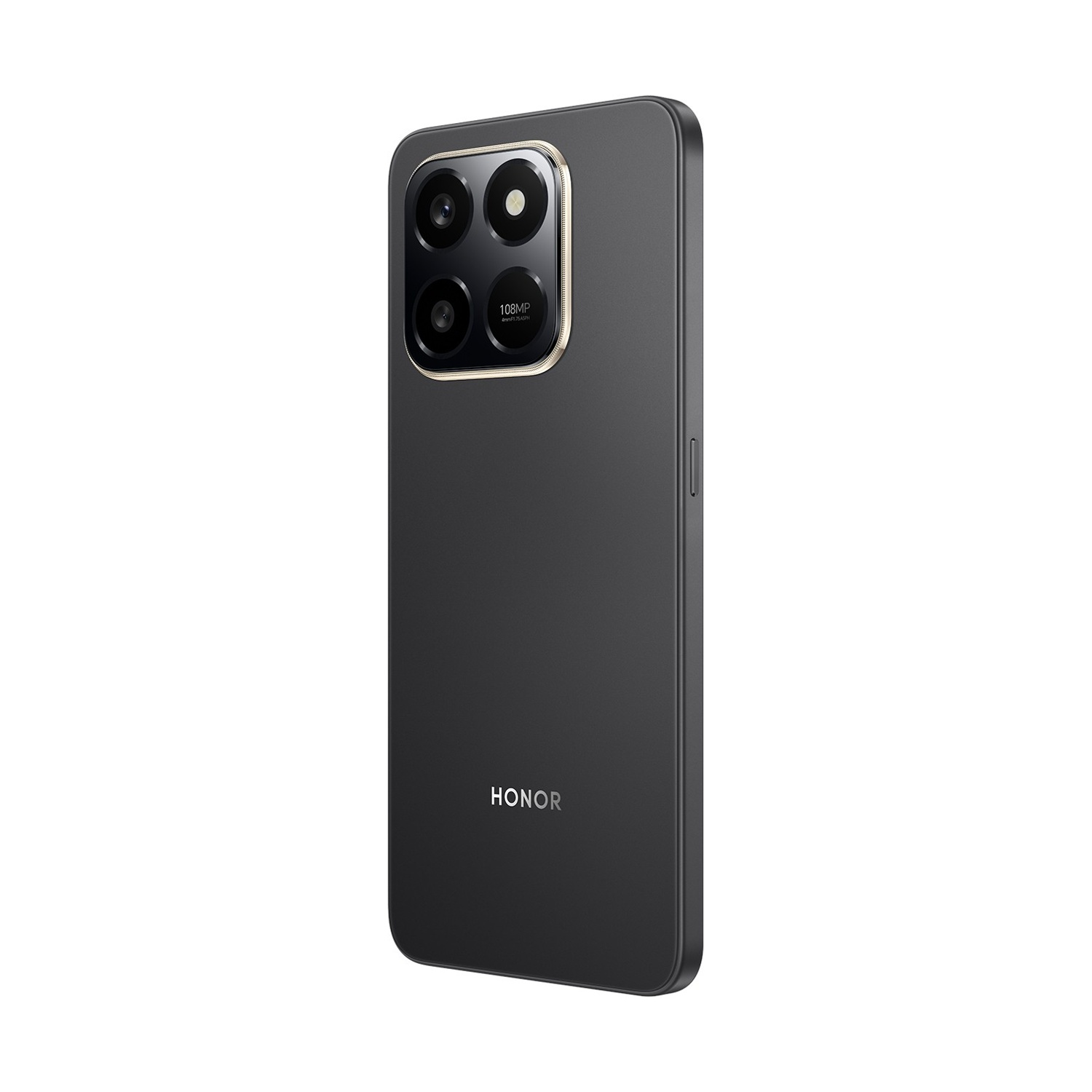 Un telefono Honor grigio scuro. Ha una configurazione a quattro fotocamere, il retro ha il logo Honor e il telefono è su sfondo bianco.