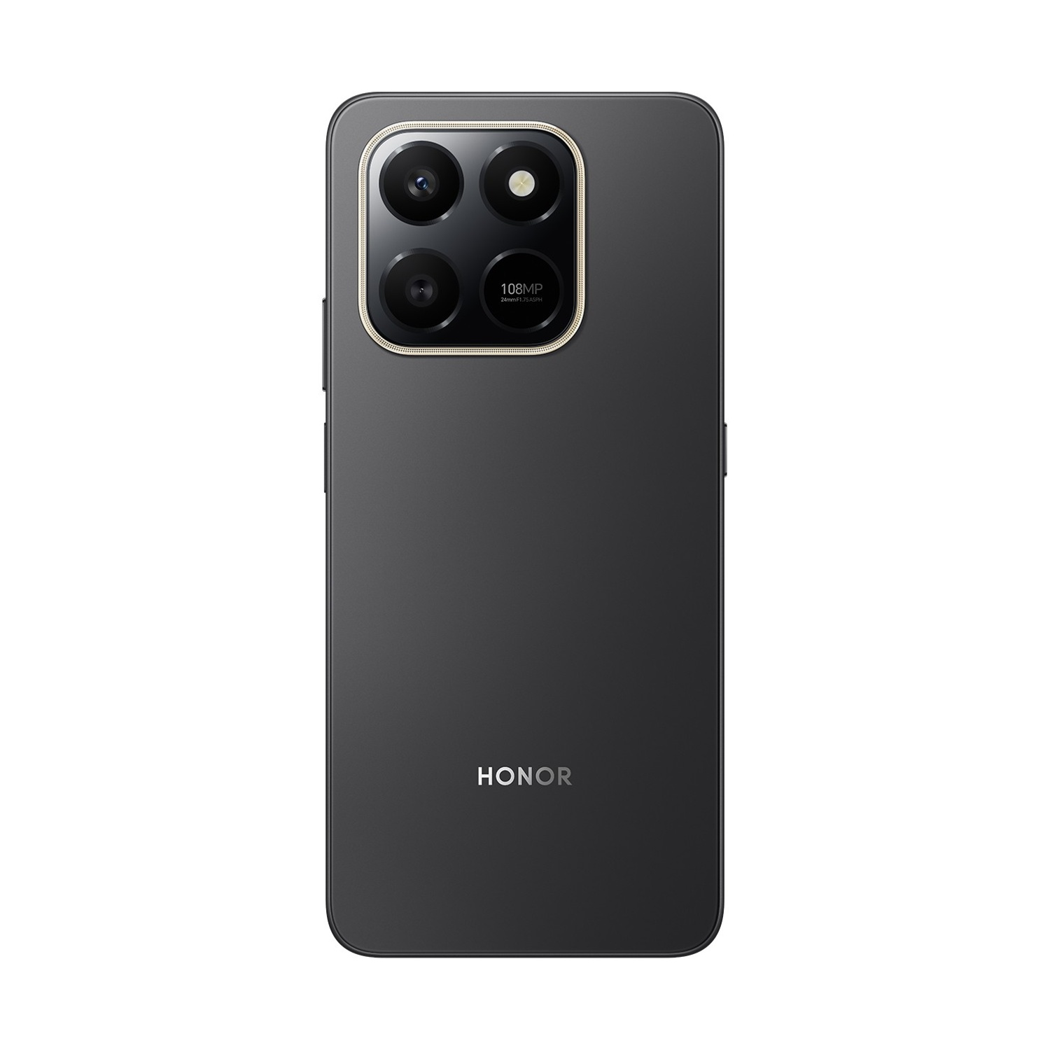 Retro smartphone nero. Configurazione quad-camera con dettagli dorati. Logo 'HONOR' in basso. Sfondo bianco.