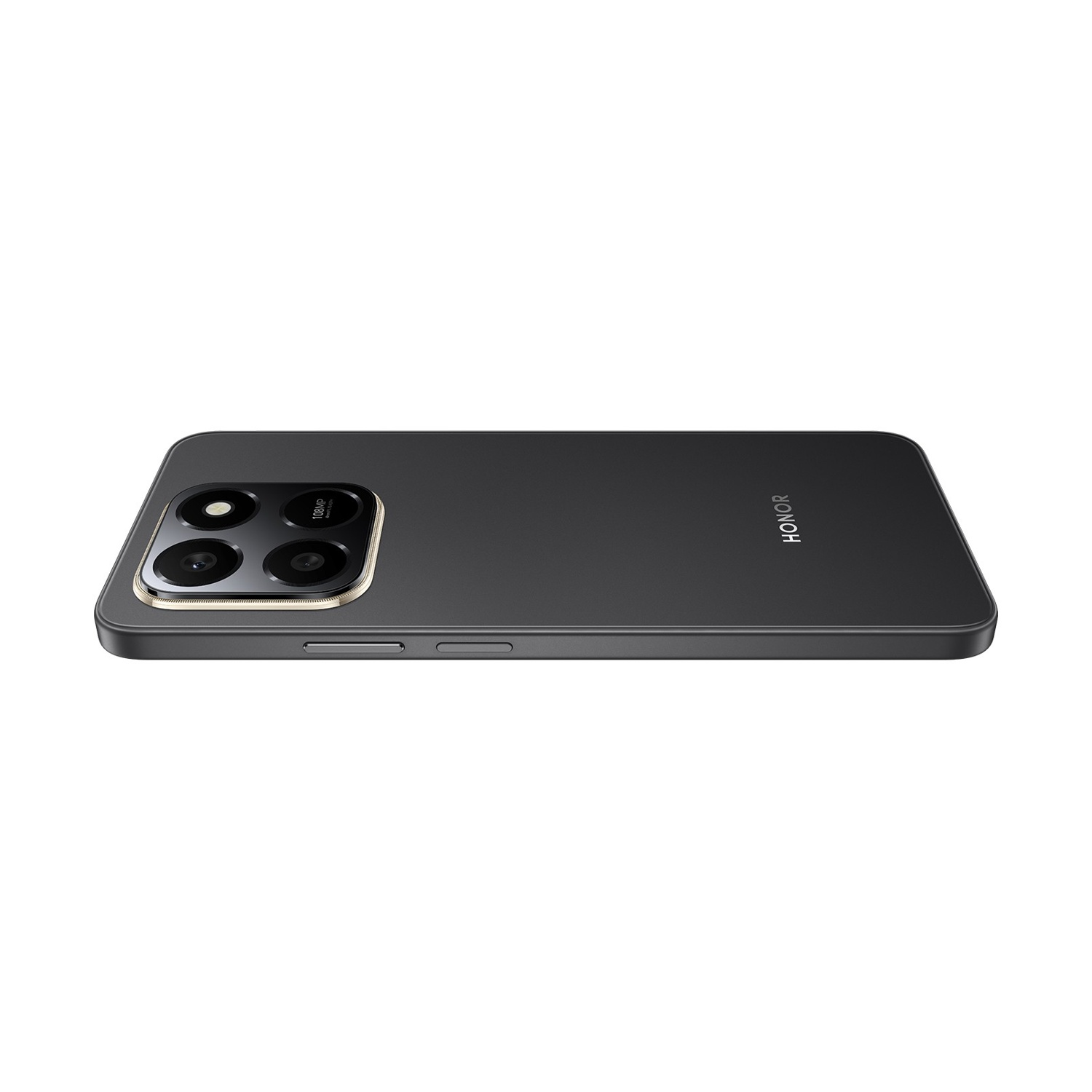 Uno smartphone Honor nero, vista angolata. Ha più lenti della fotocamera, un bordo dorato e il logo Honor.