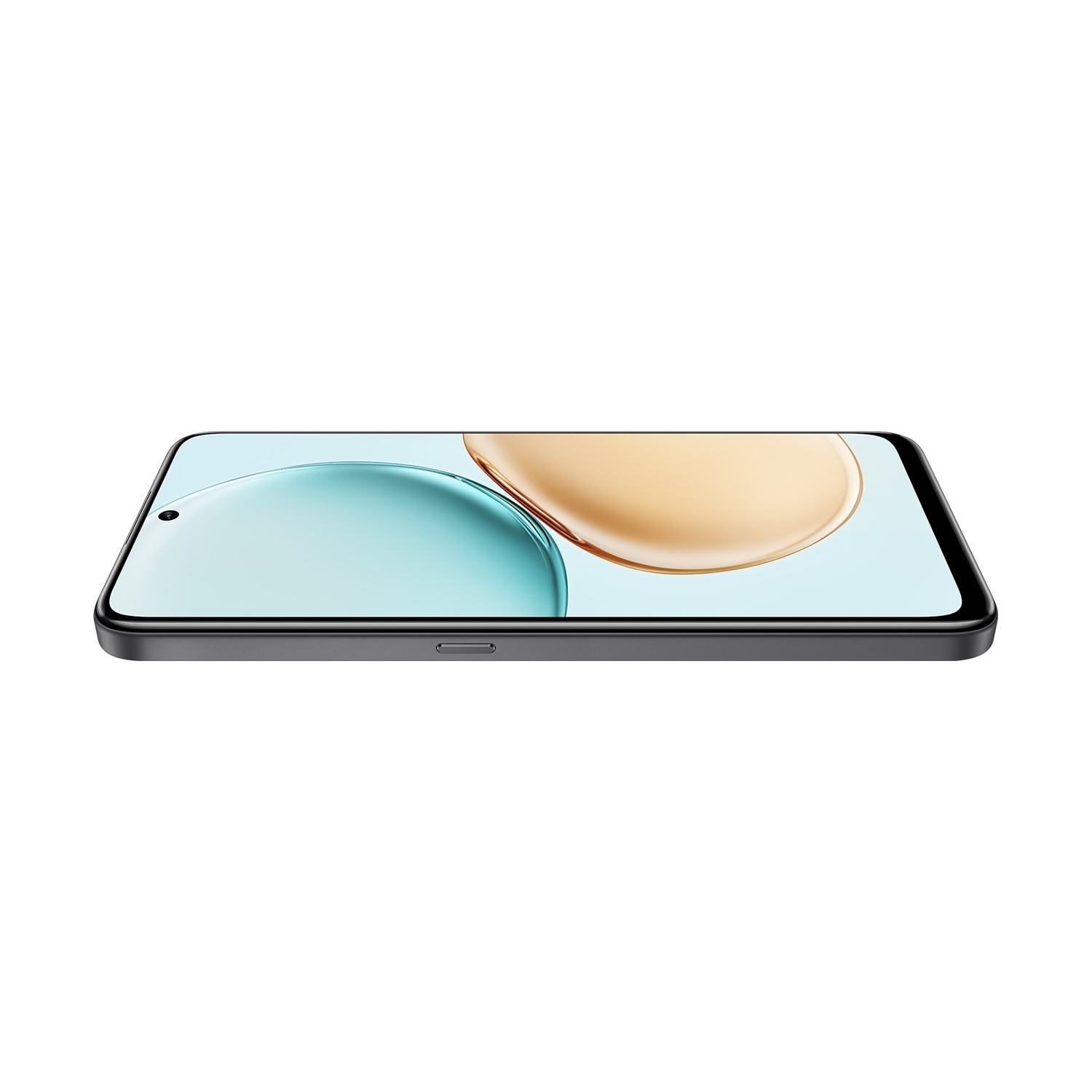 Uno smartphone leggermente inclinato mostra lo schermo con una sfumatura blu e oro su sfondo bianco.