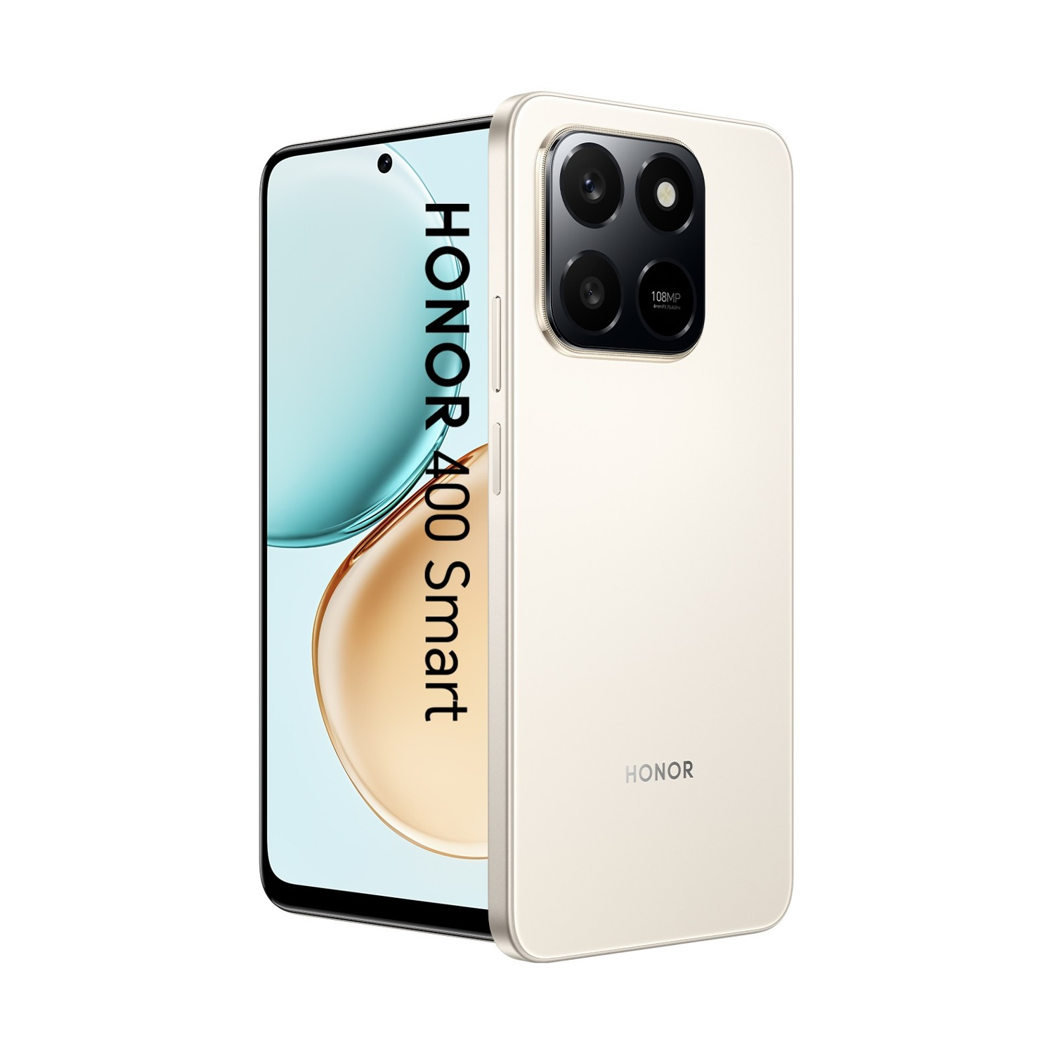 Un telefono beige Honor 400 Smart. Mostra uno schermo curvo con una fotocamera e il logo Honor. Il retro ha quattro obiettivi.