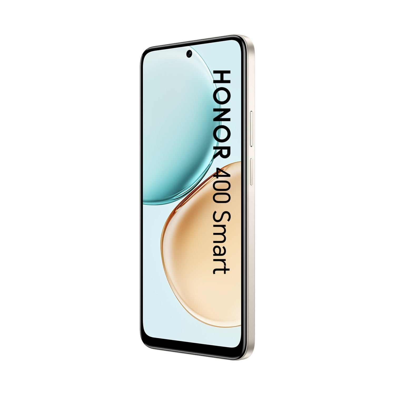 Uno smartphone, HONOR 400 Smart, è mostrato in prospettiva. Lo schermo mostra sfumature blu e oro. Il telefono ha una cornice argentata.