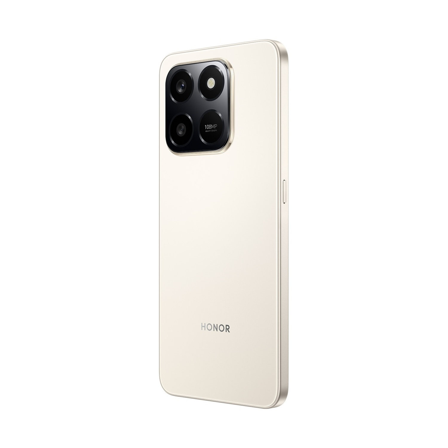 Uno smartphone beige con quattro fotocamere posteriori è mostrato lateralmente. Il marchio HONOR è visibile.
