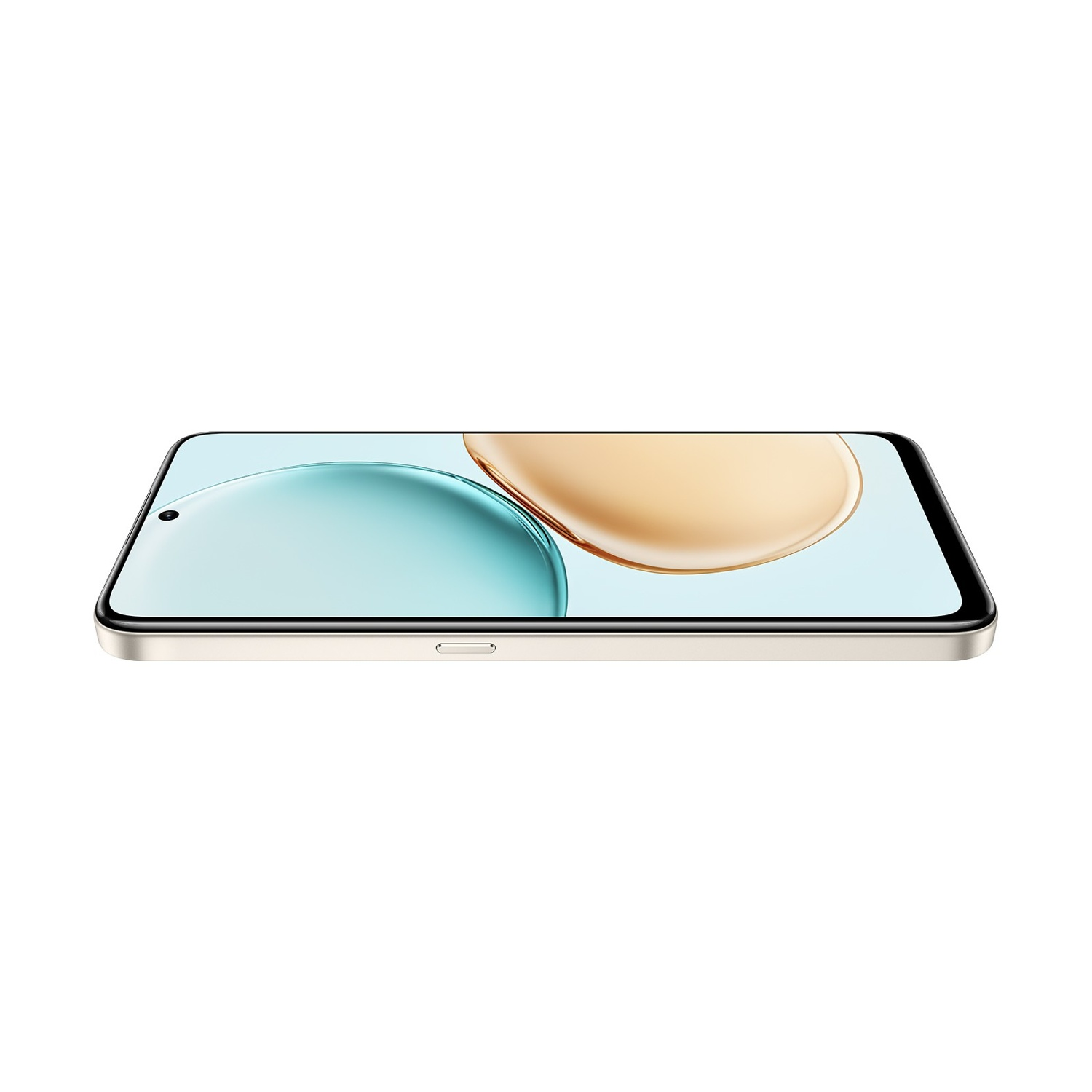 Uno smartphone leggermente inclinato. Lo schermo mostra colori azzurro chiaro e oro. Il telefono è su sfondo bianco.