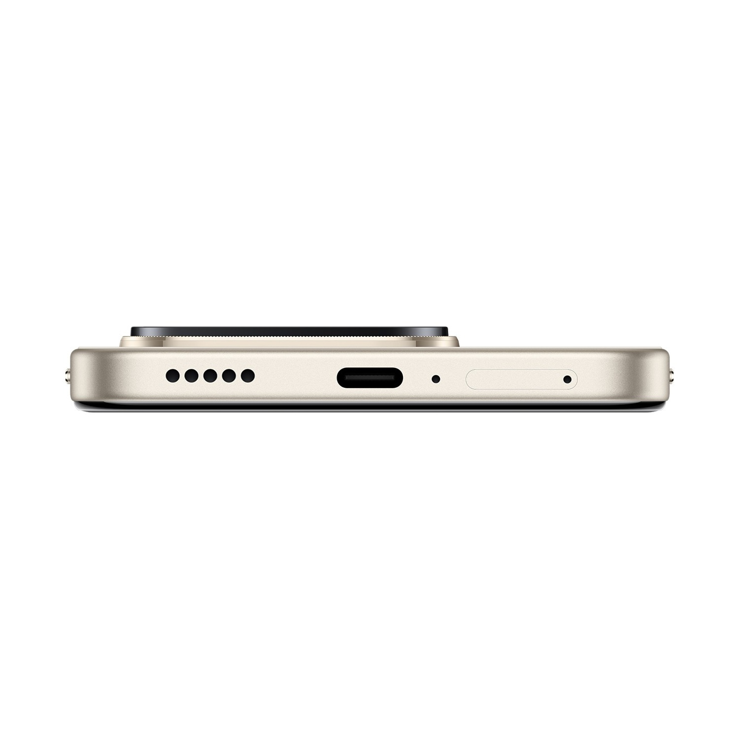 Vista laterale di uno smartphone dorato. Mostra fori per altoparlanti, porta di ricarica e microfono. Il telefono è su sfondo bianco.