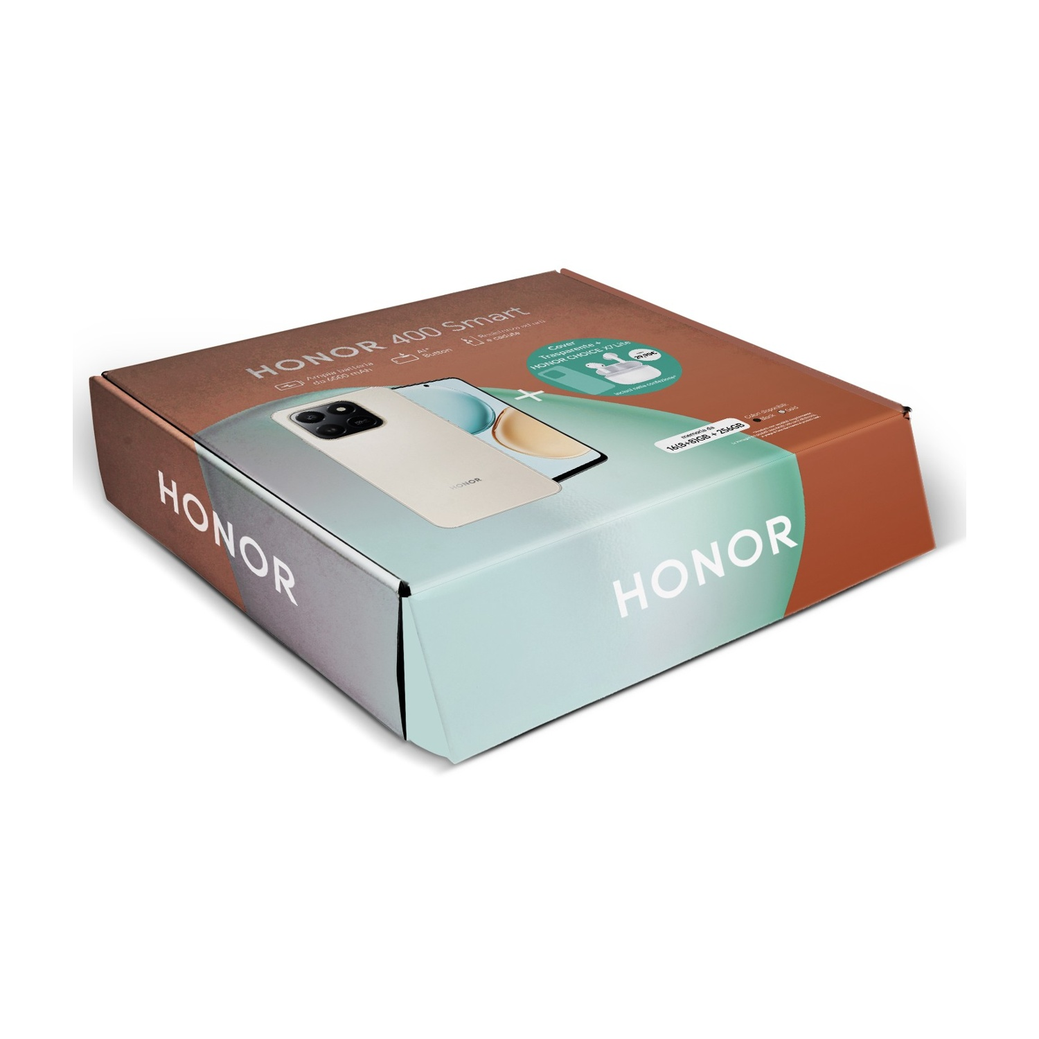Una scatola del telefono con la scritta "HONOR 400 Smart". I colori della scatola sono marrone, bianco e blu, e un telefono è mostrato davanti.